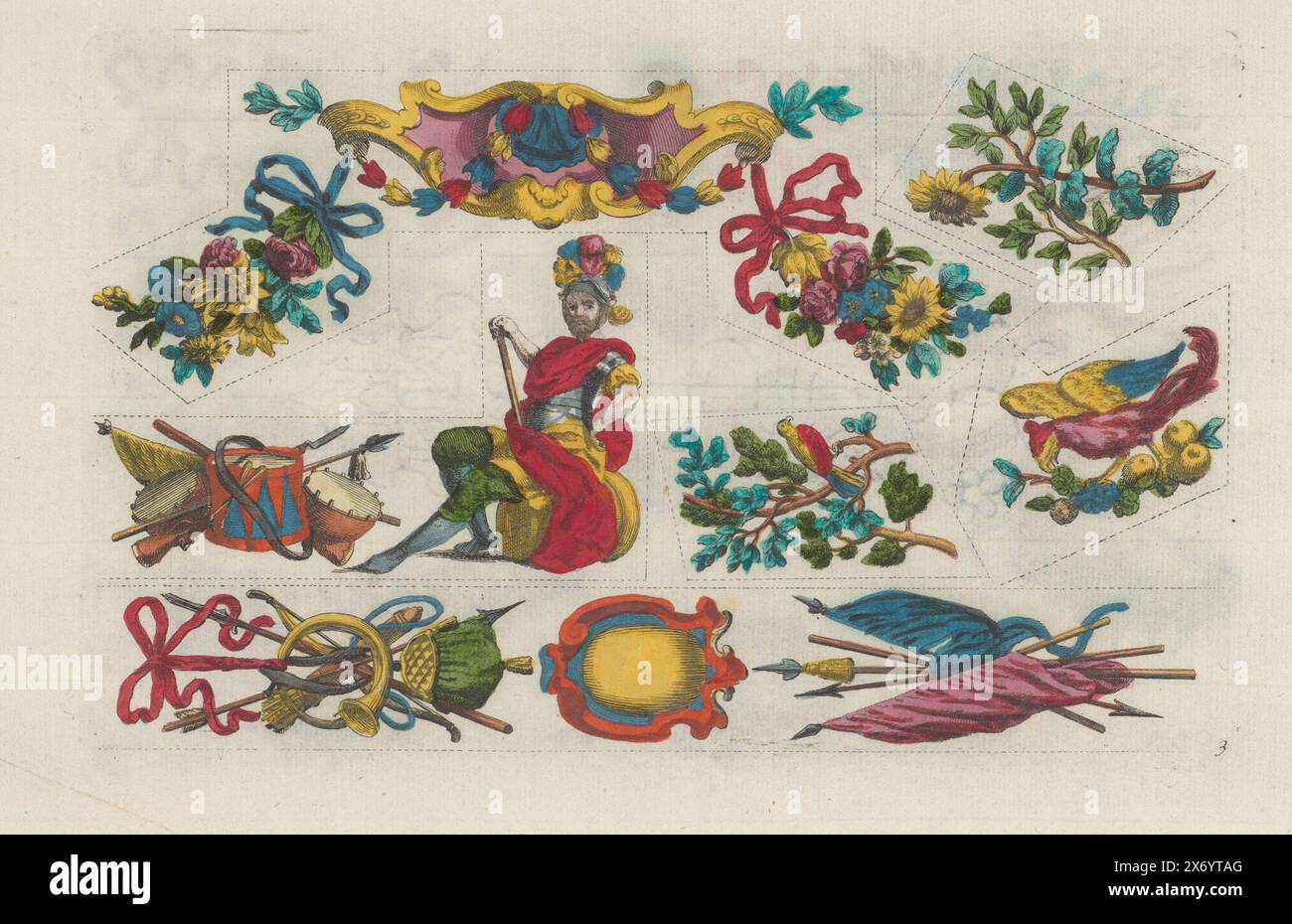 Blumen, Vögel und ein Mann in Rüstung, Schneidplatten mit Figuren (Serientitel), Blatt mit sechs Figuren zum Ausschneiden. Oben links ein Rocaille-Ornament mit Blumengirlanden. Oben rechts eine Sonnenblume. In der linken Mitte ein Mann in Rüstung und links von ihm eine Trommel und Waffen. In der Mitte und rechts zentrieren Vögel auf Ästen. Unter Armen auf beiden Seiten einer Kartusche., Druck, Druckerei: Anonym, Verlag: Joh. Christoph Schmidhammer, Neurenberg, 1735 - 1750, Papier, Ätzen, Höhe, 122 mm x Breite, 198 mm Stockfoto