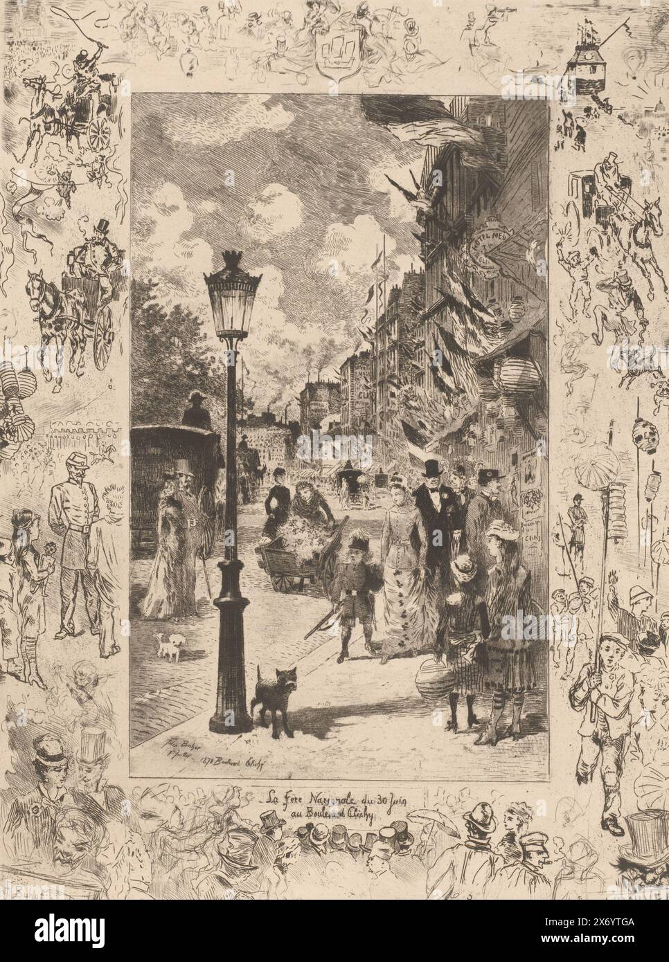 Holiday on the Boulevard de Clichy, La Fete nationale du 30 Juin/ au Boulevard Clichy (Titel zum Objekt), französische Radierungen von 1879 (Titel der Serie), L'eau-forte en 1879 (Titel der Serie), Druck, Druckerei: Félix Hilaire Buhot, (auf dem Objekt erwähnt), nach eigenem Entwurf von: Félix Hilaire Buhot, (auf dem Gegenstand erwähnt), 1879, Papier, Ätzen, Trockenpunkt, Höhe, 316 mm x Breite, 235 mm Stockfoto