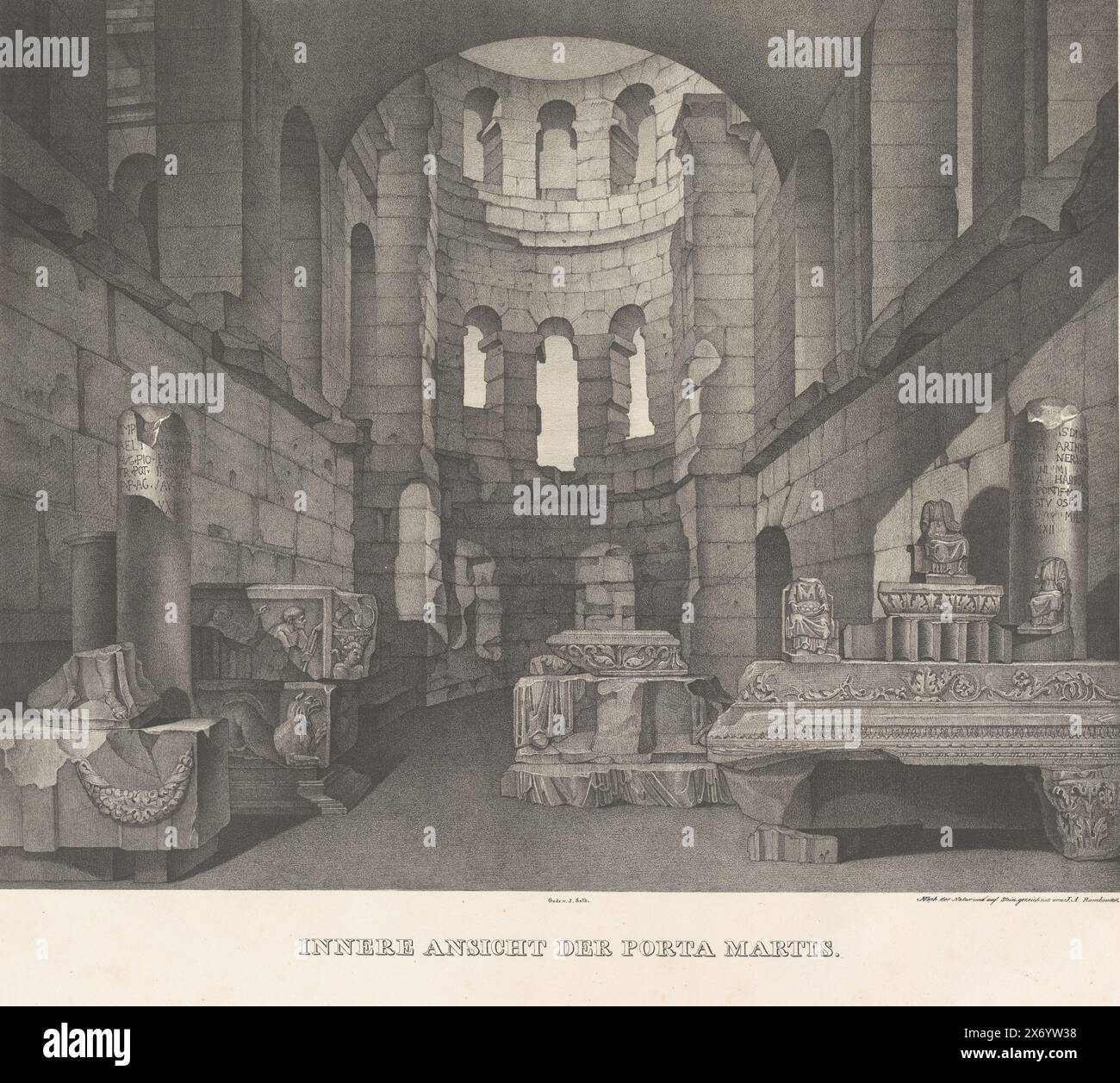 Porta Martis, von innen gesehen, Innere Ansicht der Porta Martis (Titel zum Objekt), Antik- und Naturansichten in der Nähe von Trier (Serientitel), Malerische Ansichten werkwürdigsten Alterthümer und vorzüglicher Naturanlagen im Moselthale bey Trier (Serientitel), Druck, Druckerei: Johann Anton Ramboux, (erwähnt zum Objekt), Drucker: Joseph Anton Selb, (auf dem Objekt erwähnt), 1824–1827, Papier, Höhe, 562 mm x Breite, 731 mm Stockfoto