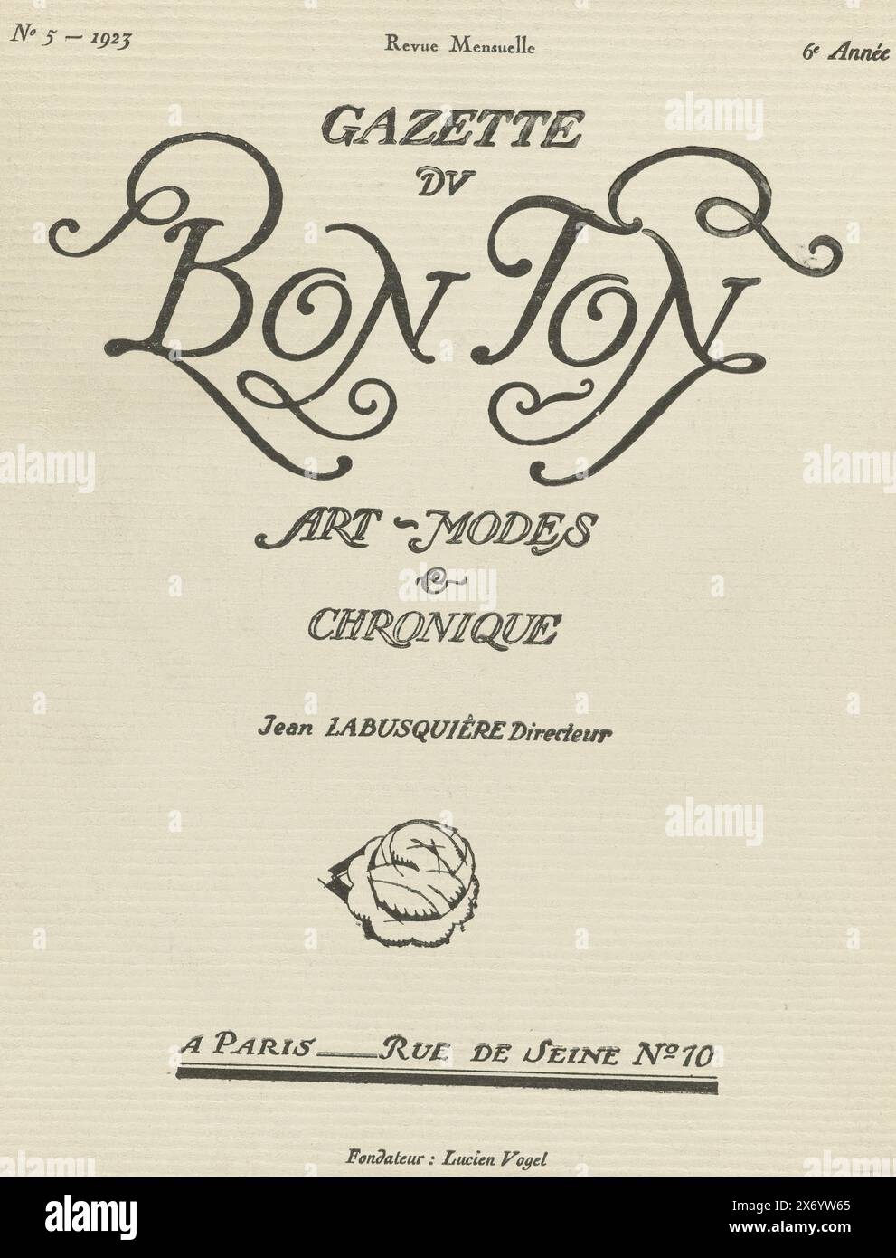 Gazette du Bon Ton. Art - Modes & Frivolités, Nr. 5 - 1923, 6e Année (Titel zum Objekt), Folge Nr. 5, 1923, Gazette du Bon Ton, bestehend aus einem Umschlag, zwölf Abschnitten mit Text und Illustrationen, einem Blatt mit dem Titel 'Décor'automne'. Und acht einzelne Ausdrucke. Die folgenden Modedesigner trugen zu diesem Teil bei: Bier, Lanvin, Paul Poiret, Madeleine Vionnet, Worth, max Leroy, Perugia, Violet, Rodier, Bianchini und Ducharne. Zeitschrift, Verlag: Lucien Vogel, Druckerei: Imprimerie Studium, (auf dem Objekt erwähnt), Paris, 1923, Papier, Buchdruck, Höhe, 246 mm x Breite, 197 mm Stockfoto