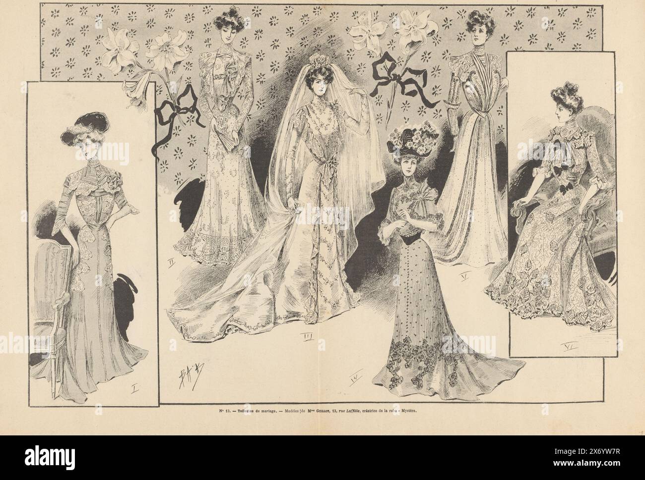 La Nouvelle Mode, Nr. 23: 10. Juni 1900: Seiten 8,9: Toilettes de Mariage, La Nouvelle Mode, Nr. 23, 10. Juni 1900: Seiten 8,9: Doppelseite mit verschiedenen Hochzeitskleidern, einschließlich 'Mystère'. Models of Mme Guillot, 13, rue Laffitte., nach Zeichnung von: Félix Fournery, Verlag: Anonym, Paris, 1900, Papier, Höhe, 315 mm x Breite, 235 mm Stockfoto