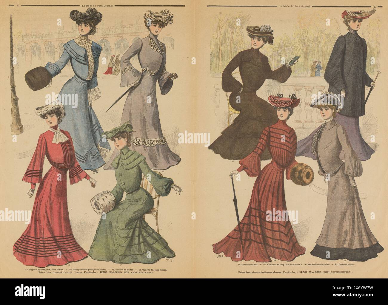 Zwei Seiten aus dem La Mode du Petit Journal, 10. November 1902, Doppelseite mit acht Modellen, nummeriert von 14 bis 21 in verschiedenen Kostümen mit passenden Hüten: Tageskleider, Toiletten de visites und Anzüge. Einige Frauen mit Muffen, einige mit Wanderstöcken oder Regenschirmen. La Mode du Petit Journal war die wöchentliche Modeergänzung zu La Petit Journal, einer Pariser Wochenzeitung, die zwischen 1836 und 1944 erschien., fotomechanischer Druck, Hersteller: Anonym, Herausgeber: Anonym, Hersteller: Frankreich, Verlag: Paris, 1902, Papier, Druckblock, Buchdruck, Höhe, 445 mm x Breite, 622 mm x Breite, 617 Stockfoto