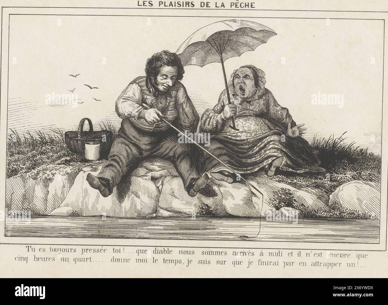 Fischerpaar, Les plaisirs de la pêche (Titel über Objekt), Album Comique, l'Amusement des soirées (Titel über Objekt), Mann und Frau sitzen am Ufer des Wassers. Mit Bildunterschrift auf Französisch. Einzeldruck in einem Ordner mit Comic-Szenen., Druck, Druckerei: Anonym, Frankreich, ca. 1840, Papier, Höhe ca. 140 mm x Breite ca. 215 mm Stockfoto