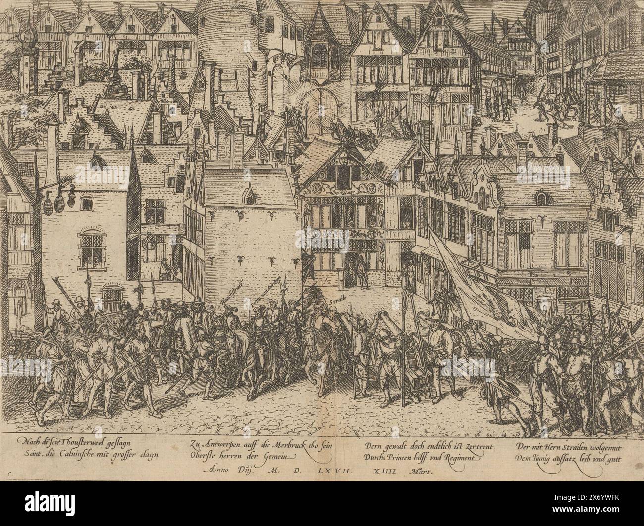Calvinistischer Aufstand in Antwerpen, 1567, Serie 5: Dutch Events, 1566-1570 (Titel der Serie), Bürgermeister Anton van Straelen, Hoogstraten und William of Orange ruhiger Aufstand auf dem Meir in Antwerpen, 14. März 1567. Mit einer Unterschrift von 8 Zeilen auf Deutsch. Nummeriert: 5. Der Druck ist Teil eines Albums., Druck, Druckerei: Frans Hogenberg, Köln, 1567 - 1570, Papier, Ätzen, Höhe, 213 mm x Breite, 281 mm Stockfoto