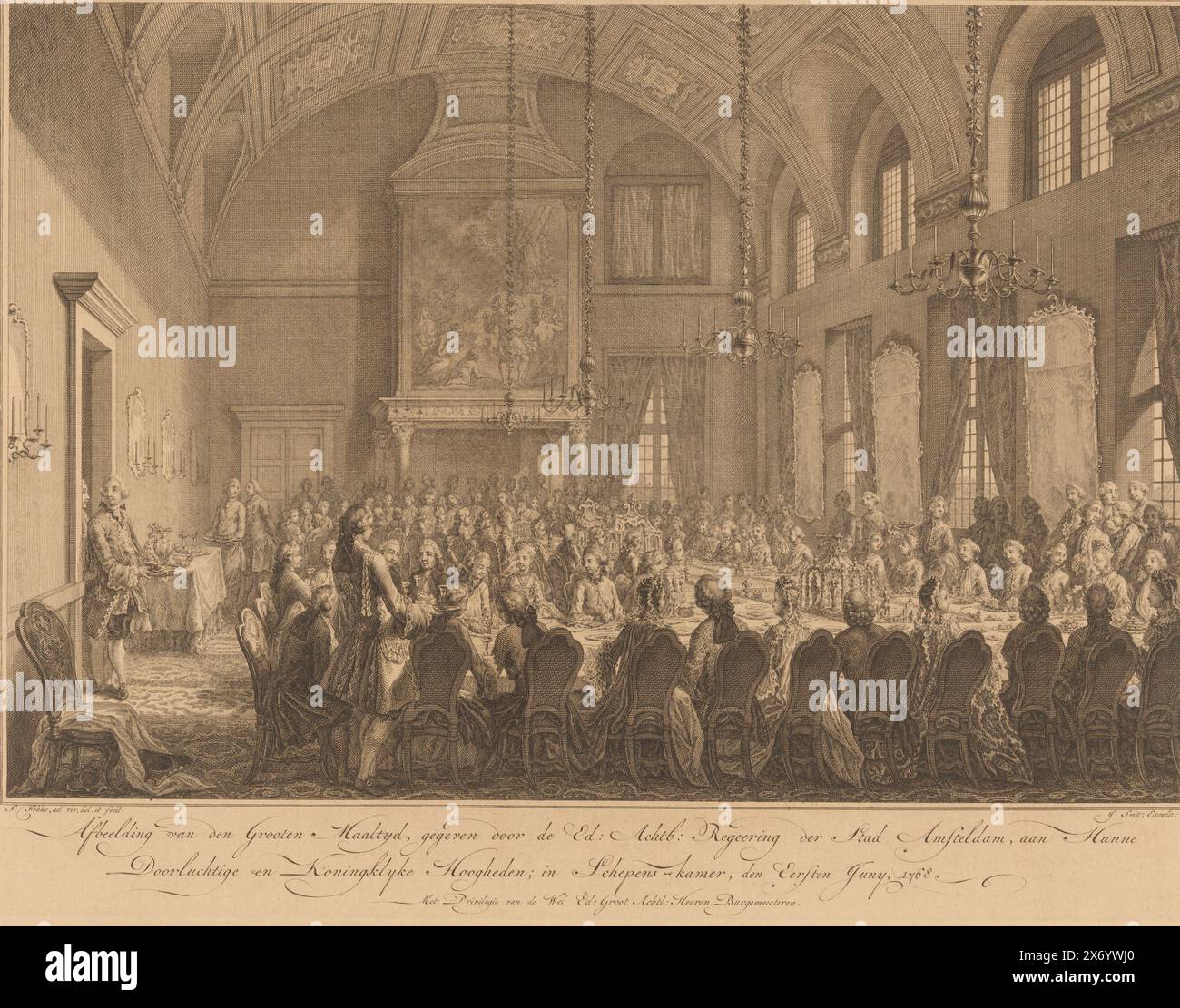 Bankett in der Aldermen's Chamber für Wilhelm V. und Wilhelmina von Preußen, 1768, Bild der großen Mahlzeit, gegeben von der Ed: Angesehene: Regierung der Stadt Amsteldam, an ihre illustren und königlichen Hoheiten; im Aldermen's Room, der 1. Juni 1768 (Titel zum Objekt), eine Darstellung der freudigen Aktivitäten und Zeremonien, die bei der Ankunft und während ihres Aufenthalts von Willem, Prinz von Orange und Nassau, (...) und seiner Frau Fredrica Sophia Wilhelmina, Prinzessin von Preußen, stattfanden, fand am Montag, Mai 30 in Amsterdam statt. und einige Tage später, im Jahr 1768 (Serientitel Stockfoto