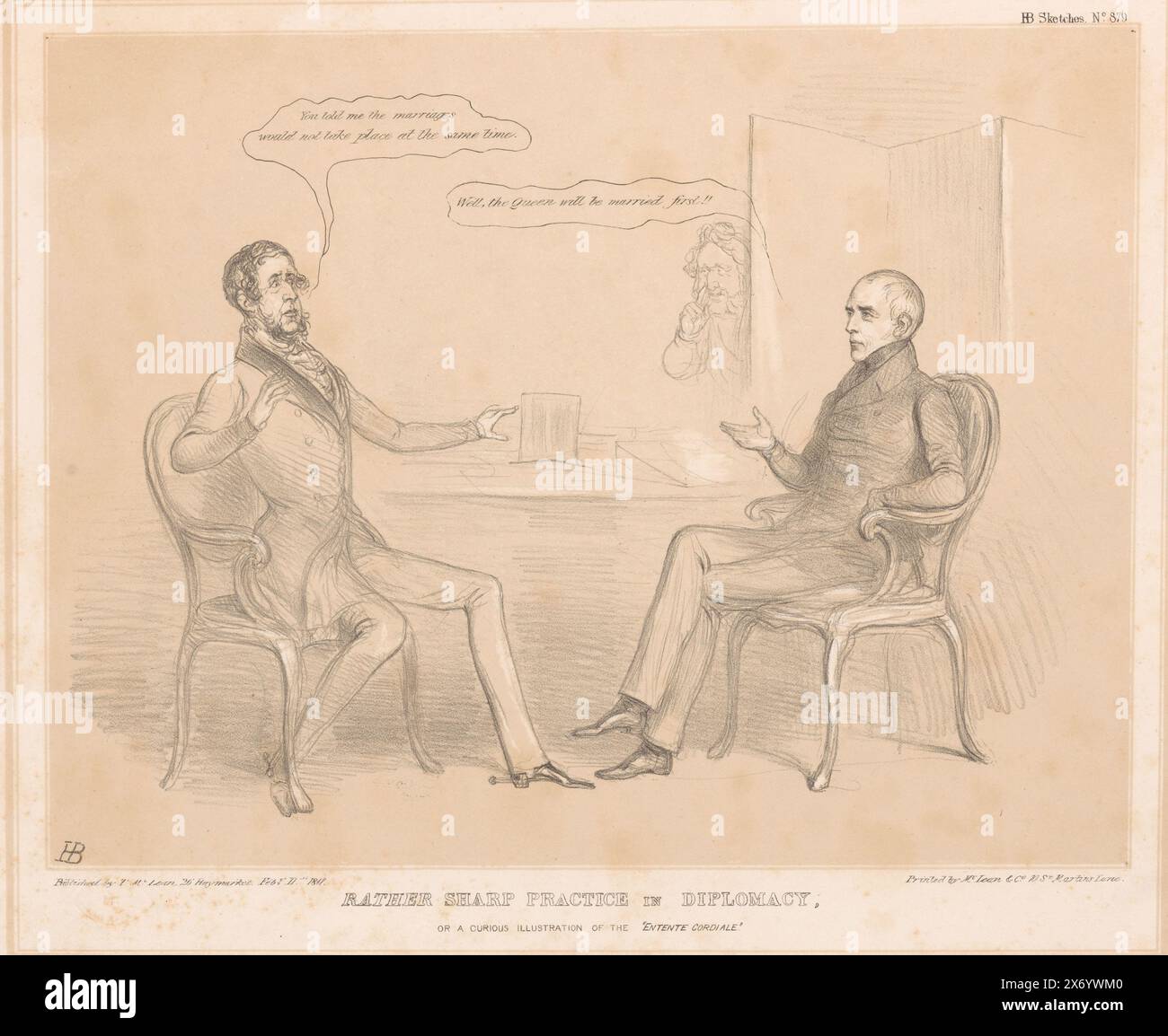 Cartoon über königliche Hochzeiten, ziemlich scharfe Praxis in der Diplomatie oder eine kuriose Illustration der Entente cordiale (Titel auf Objekt), HB Sketches (Serientitel auf Objekt), Cartoon von 1847, in dem der französische Premierminister Francois Guizot die spanischen Ehen einem verängstigten Lord Normanby ankündigt. Der französische König Louis Philippe I hört hinter einem faltbaren Bildschirm zu. Veröffentlicht als Nr. 879 in der Serie HB Sketches., Druck, Druckerei: John Doyle, (erwähnt auf Objekt), Drucker: General Lithographic Establishment, (erwähnt auf Objekt), Verlag: Thomas McLean, (erwähnt auf Objekt), Druck Stockfoto