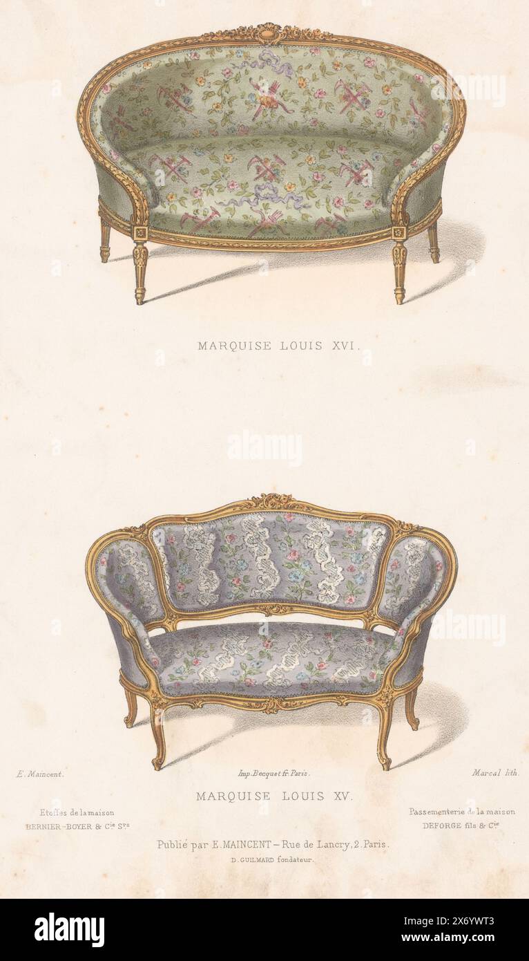 Zwei Sofas, Marquise Louis XVI, Marquise Louis Print from 271st Livraison., Print, Printmacher: Marcal, (auf dem Objekt erwähnt), Drucker: Becquet frères, (zum Gegenstand erwähnt), Herausgeber: Eugène Maincent, (zum Gegenstand erwähnt), Paris, 1885 - 1895, Papier, Höhe, 359 mm x Breite, 276 mm Stockfoto