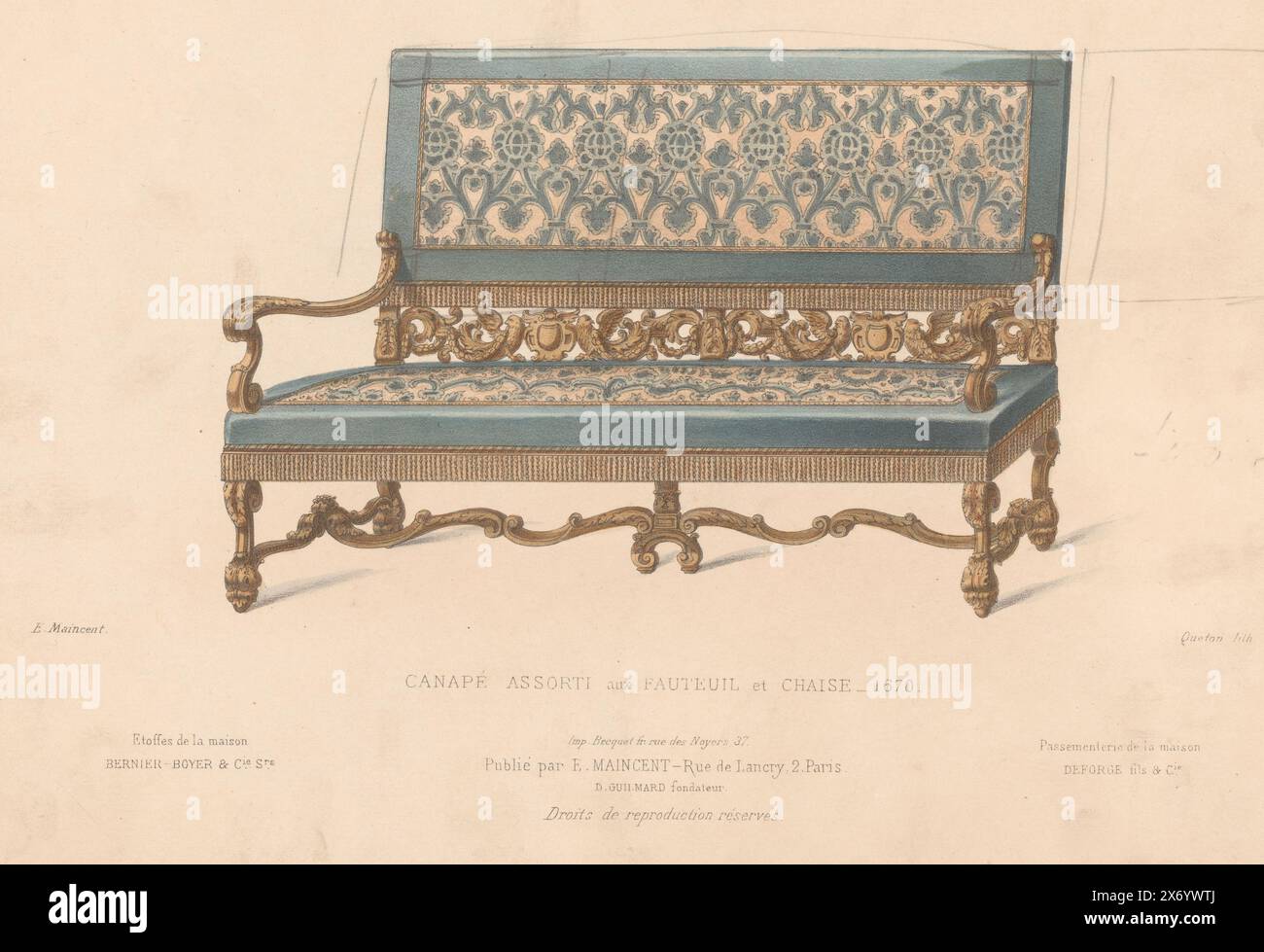 Canapé (Titel über Objekt), Le Garde-meuble, Collection de Sièges (Titel über Objekt), Ein Sofa. Druck vom 281. Livraison., Druck, Druckerei: Quéton, (auf dem Objekt erwähnt), Drucker: Becquet frères, (zum Gegenstand erwähnt), Herausgeber: Eugène Maincent, (zum Gegenstand erwähnt), Paris, 1885 - 1895, Papier, Höhe, 277 mm x Breite, 357 mm Stockfoto