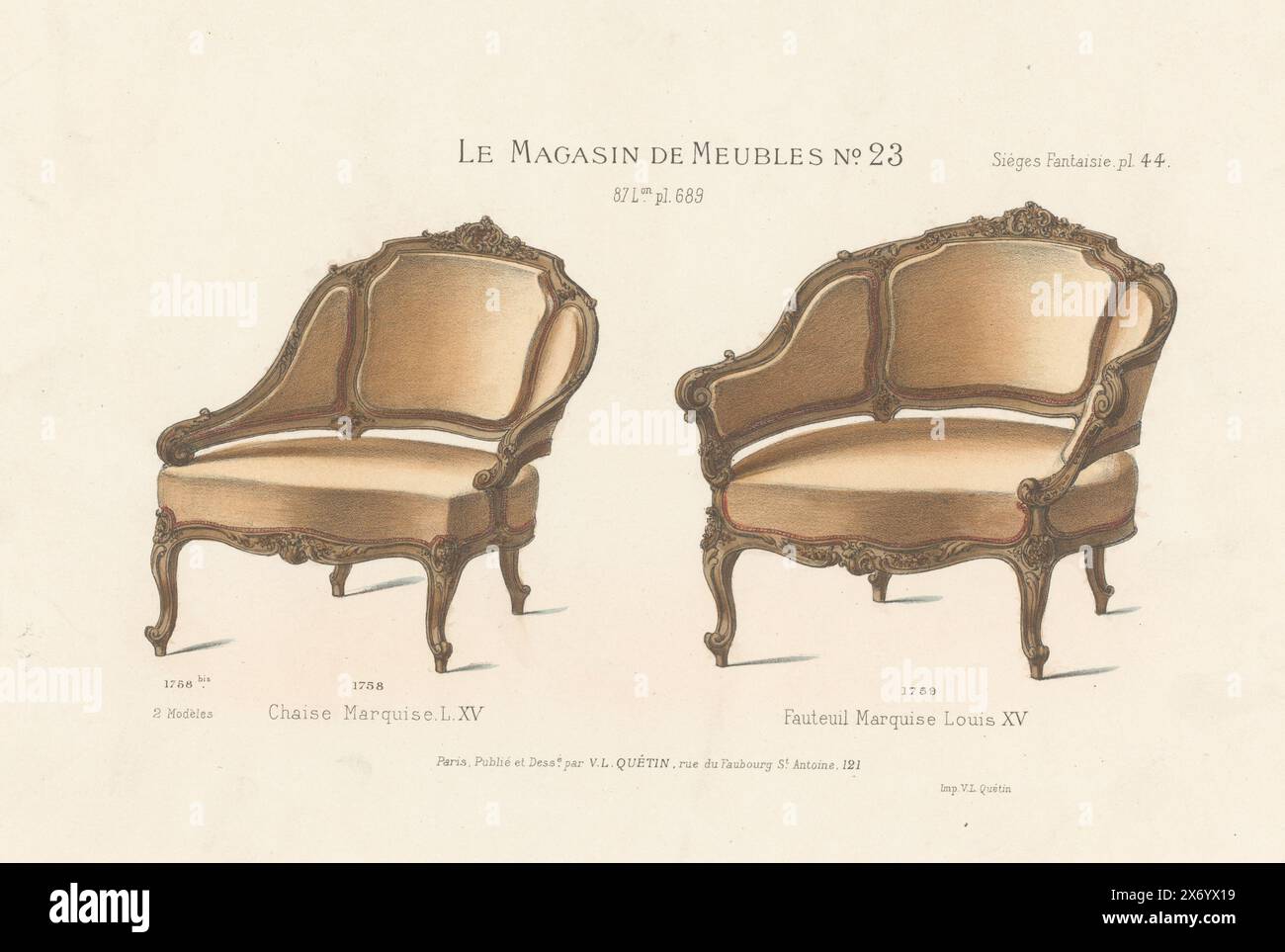 Stuhl und Sessel, Chaise Marquise L. XV, Sessel Marquise Louis Print aus 87. Livraison. Oben rechts der Eingang Sièges Fantaisie. pl. 44., Druck, Druckerei: Anonym, nach Entwurf: Victor Léon Michel Quétin, (auf dem Objekt erwähnt), Drucker: Victor Léon Michel Quétin, (auf dem Objekt erwähnt), Paris, 1878 - in oder nach 1904, Papier, Höhe, 275 mm x Breite, 357 mm Stockfoto