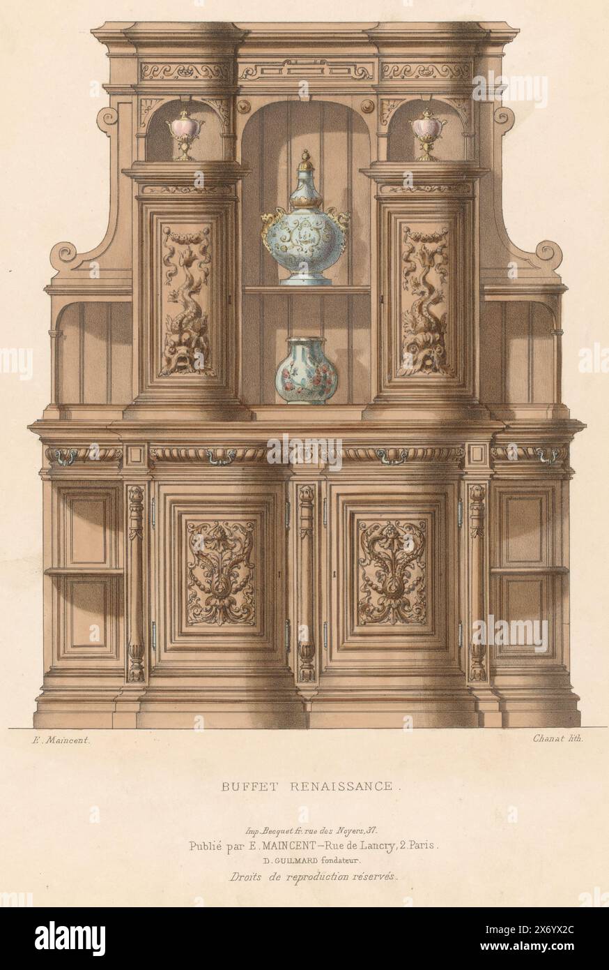 Sideboard, Buffet Renaissance (Titel auf Objekt), Le Garde-meuble, Collection de Meubles (Titel auf Objekt), Ein Renaissance-Sideboard. Druck vom 283. Livraison., Druck, Druckerei: Chanat, (auf dem Objekt erwähnt), Drucker: Becquet frères, (zum Gegenstand erwähnt), Herausgeber: Eugène Maincent, (zum Gegenstand erwähnt), Paris, 1885 - 1895, Papier, Höhe, 357 mm x Breite, 274 mm Stockfoto