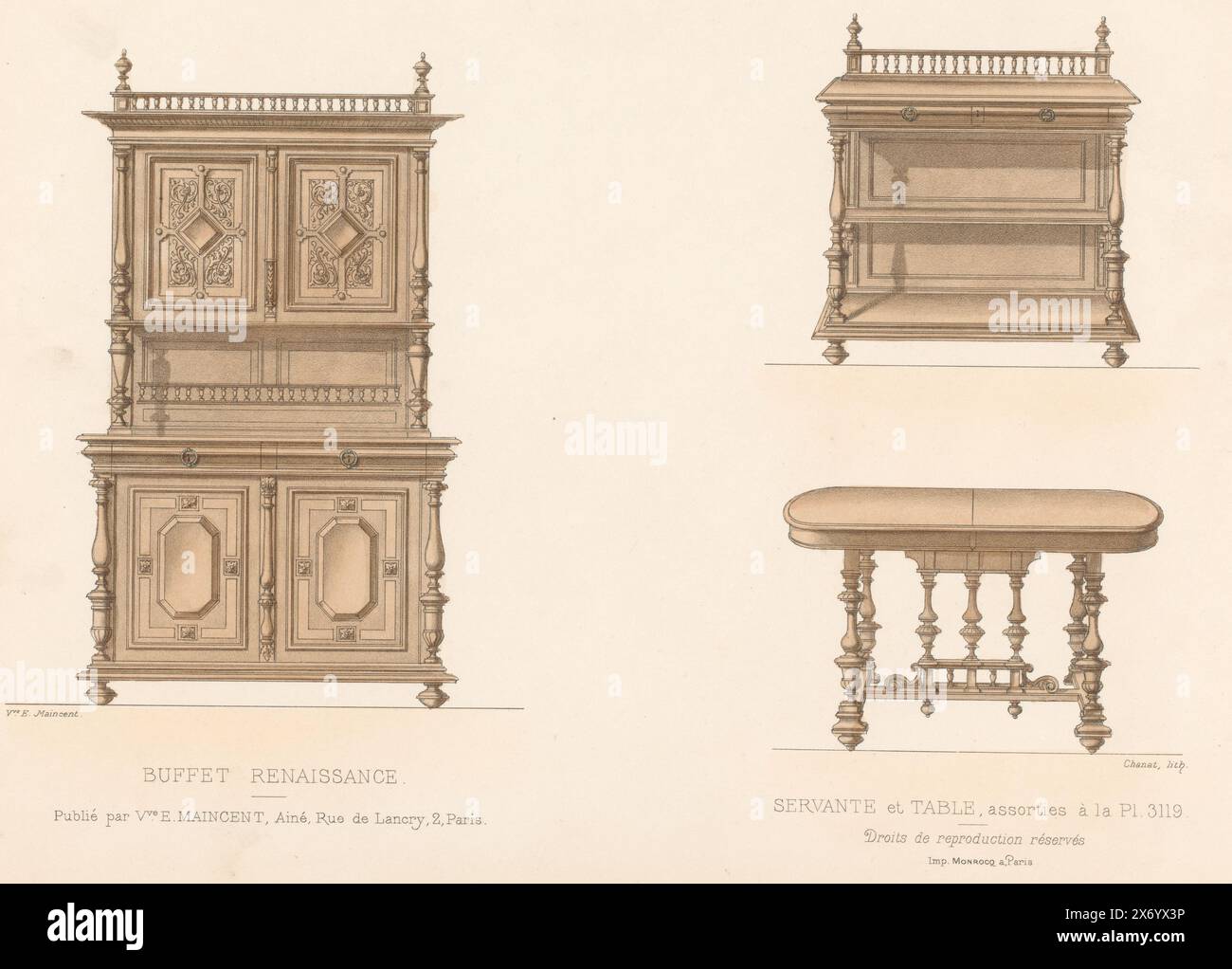 Sideboard, Schrank und Tisch, Buffet Renaissance, Servante et Table (Titel auf Objekt), L'ameublement, Collection Simple (Titel auf Objekt), Ein Renaissance Sideboard, offener Schrank und Tisch. Druck von 293. Livraison., Druck, Druckerei: Chanat, (auf dem Objekt erwähnt), Drucker: Monrocq, (zum Gegenstand erwähnt), Herausgeber: weduwe Eugène Maincent, (zum Gegenstand erwähnt), Paris, 1895, Papier, Höhe, 275 mm x Breite, 356 mm Stockfoto