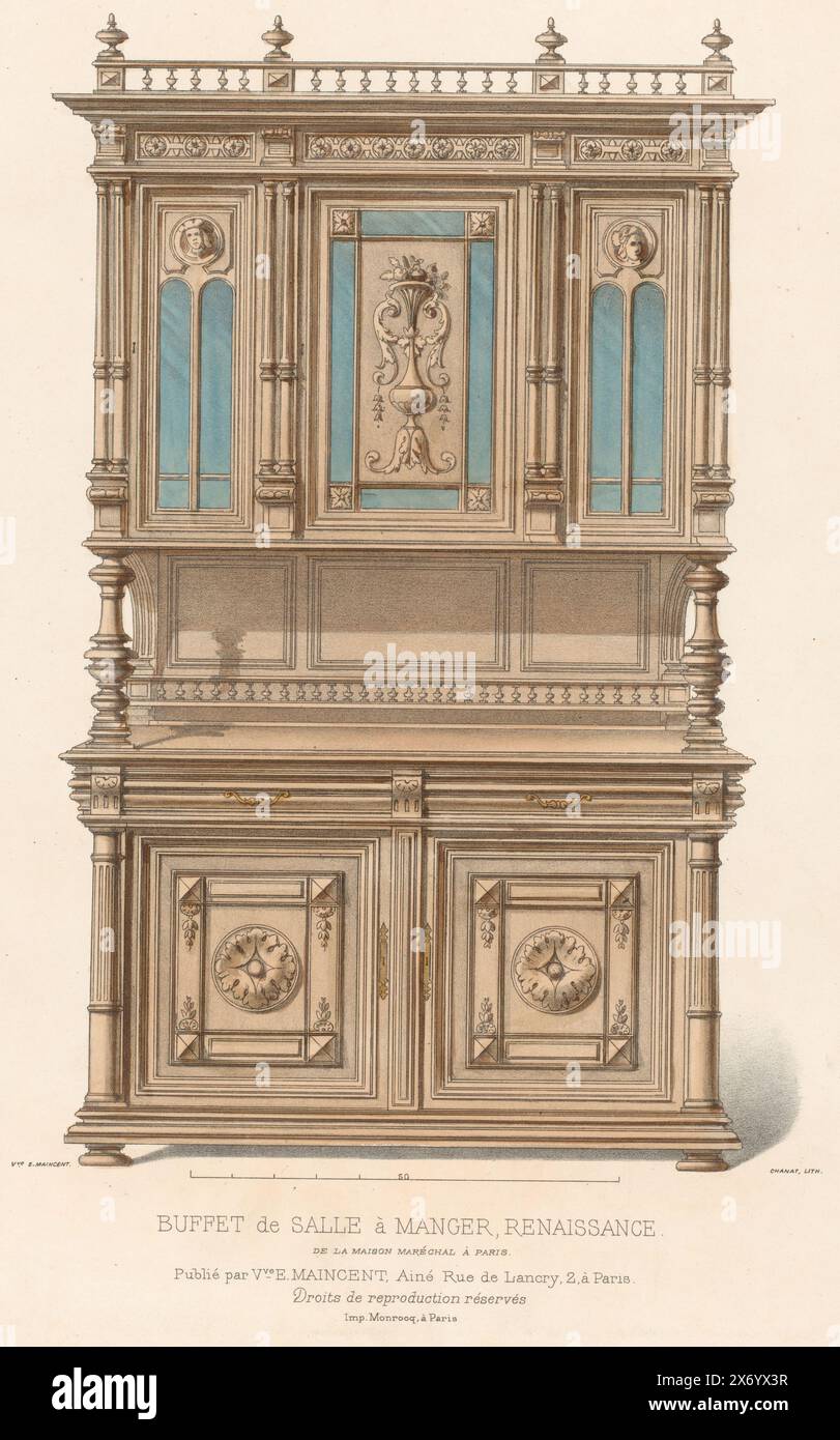 Sideboard, Buffet de salle à Manger, Renaissance (Titel auf Objekt), Le Garde-meuble, Collection de Meubles (Serie Titel auf Objekt), Ein Sideboard aus der Renaissance für einen Speisesaal. Druck ab 348. Ausgabe (Livraison)., Druck, Druckerei: Chanat, (auf dem Objekt erwähnt), Drucker: Monrocq, (zum Gegenstand erwähnt), Herausgeber: weduwe Eugène Maincent, (zum Gegenstand erwähnt), Paris, 1895 - 1935, Papier, Höhe, 359 mm x Breite, 275 mm Stockfoto