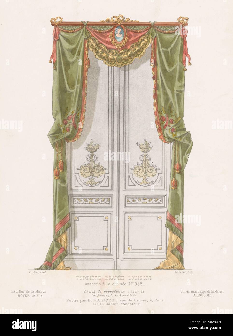 Tür mit Vorhängen, Portière Drapée Louis XVI., Croisée Nr. 985. (Titel über Objekt), Le Garde-Meuble, Collection de Tentures (Serientitel über Objekt), Tür mit drapierten Vorhängen im Louis auf Seriennummer 985. Druck aus dem 333. Livraison., Druck, Druckerei: Léon Laroche, (erwähnt auf Objekt), nach Entwurf von: Eugène Maincent, (erwähnt auf Objekt), Drucker: Monrocq, (erwähnt auf Objekt), Paris, c. 1885 - c. 1895, Papier, Höhe, 355 mm x Breite, 275 mm Stockfoto