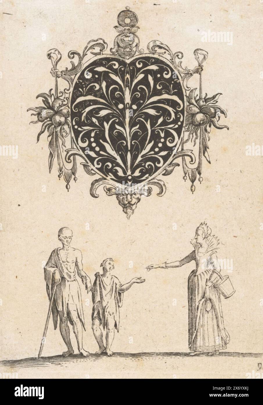 Goldschmiedestrauß in herzförmigem Medaillon, gespiegelte Kopie eines herzförmigen Medaillons, verziert mit einem Goldschmiedestrauß im „Cosses de pois“-Stil. Unten gibt eine Frau Almosen an einen armen Mann, der die Hand eines alten Mannes hält., Druck, Druckerei: Jacob von der Heijden, Verlag: Jacob von der Heijden, Druckerei: Jean Toutin, (Kopie danach), Straatsburg (Frankrijk), nach 1619, Papier, Gravur, Höhe, 109 mm x Breite, 80 mm Stockfoto