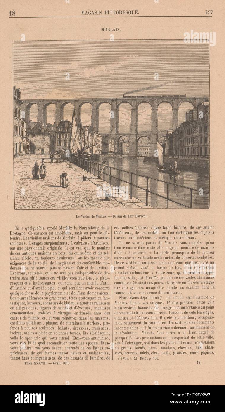 Ansicht des Viadukts von Morlaix, Le Viaduc de Morlaix (Titel auf Objekt), das Magazin ist eine Seite aus Le Magasin Pittoresque., Druck, Druckerei: Joseph Burn-Smeeton, (erwähnt auf Objekt), Hersteller: Cosson, (erwähnt auf Objekt), nach Entwurf: Yan Dargent, (erwähnt auf Objekt), Paris, 1870, Papier, Holzstich, Buchdruck, Höhe 308 mm x Breite, 206 mm Stockfoto