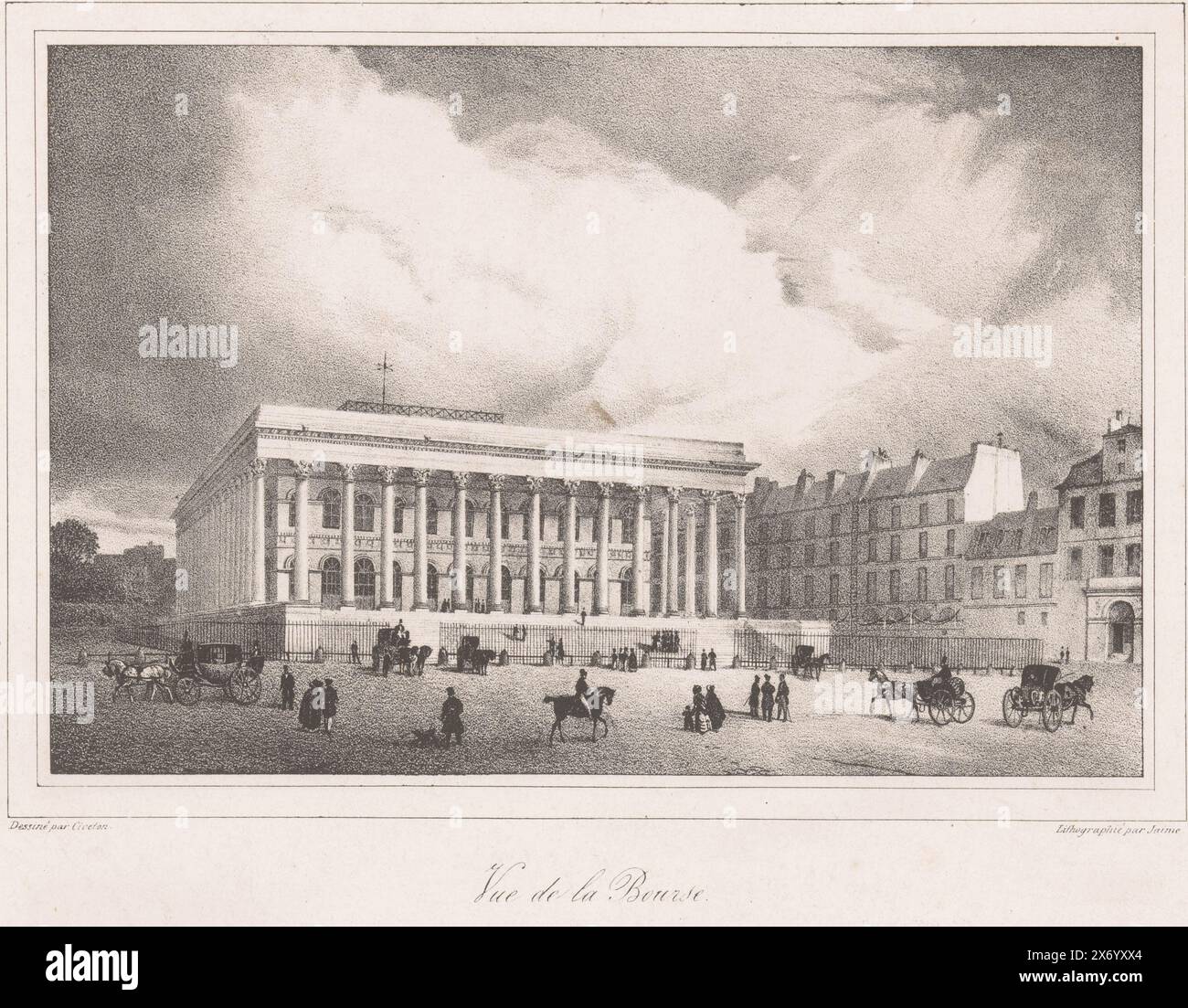 Ansicht des Börsengebäudes in Paris, Vue de la Bourse (Titel zum Objekt), Druck, Druckerei: Anonym, nach Entwurf: Christophe Civeton, (auf Objekt erwähnt), Drucker: Ernest Jaime, (auf Objekt erwähnt), nach Entwurf: Frankreich, Drucker: Paris, 1812 - 1831, Papier, Höhe, 239 mm x Breite, 319 mm Stockfoto