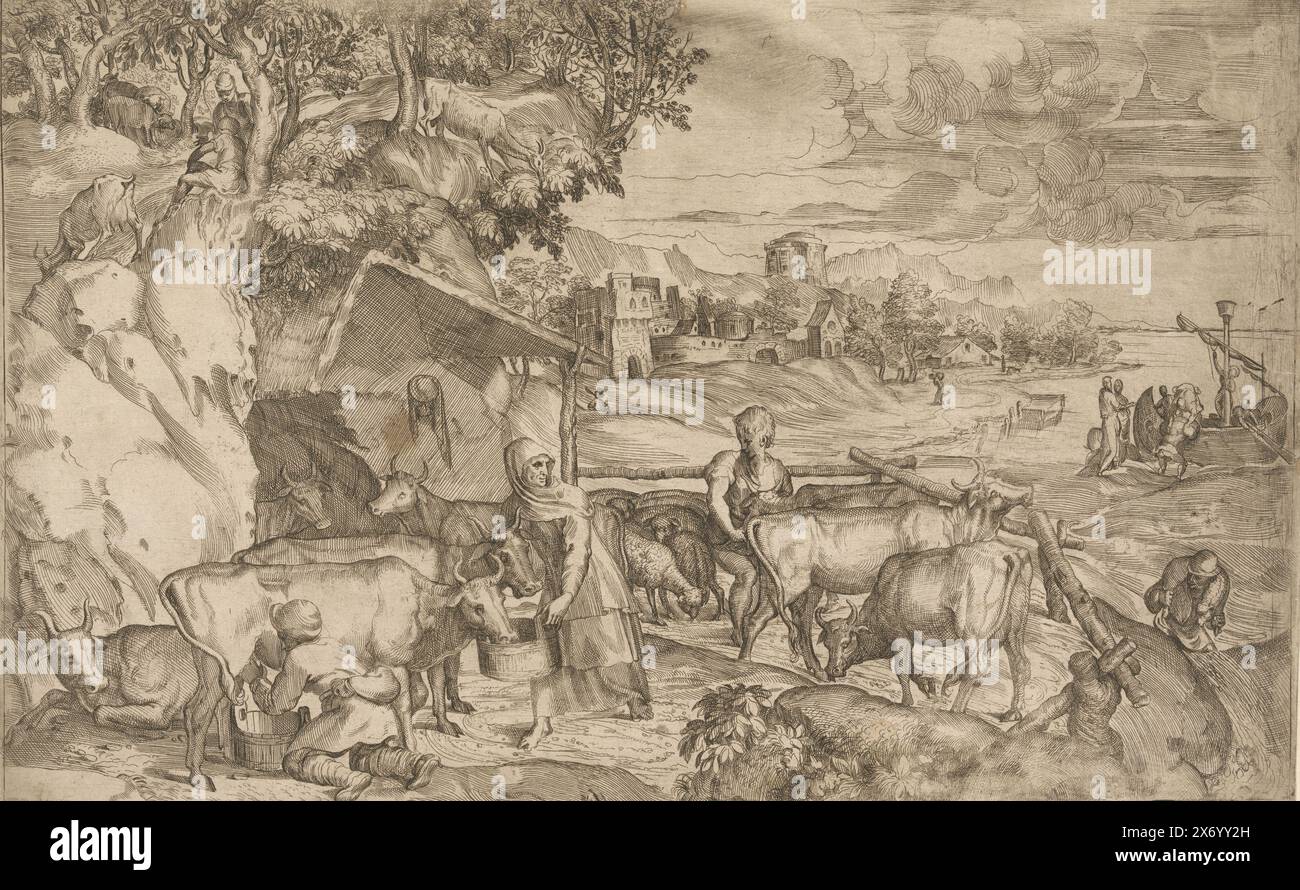 Landschaft mit Rindern, Bauernhof mit Kühen und Schafen, mit einer Küstenlandschaft mit einem Segelschiff im Hintergrund. Im Vordergrund werden Kühe gemolken und gefüttert., Druck, Druckerei: Battista Angolo del Moro, nach Design von: Titiaan, Venedig, 1550 - 1573, Papier, Ätzen, Höhe, 274 mm x Breite, 427 mm Stockfoto