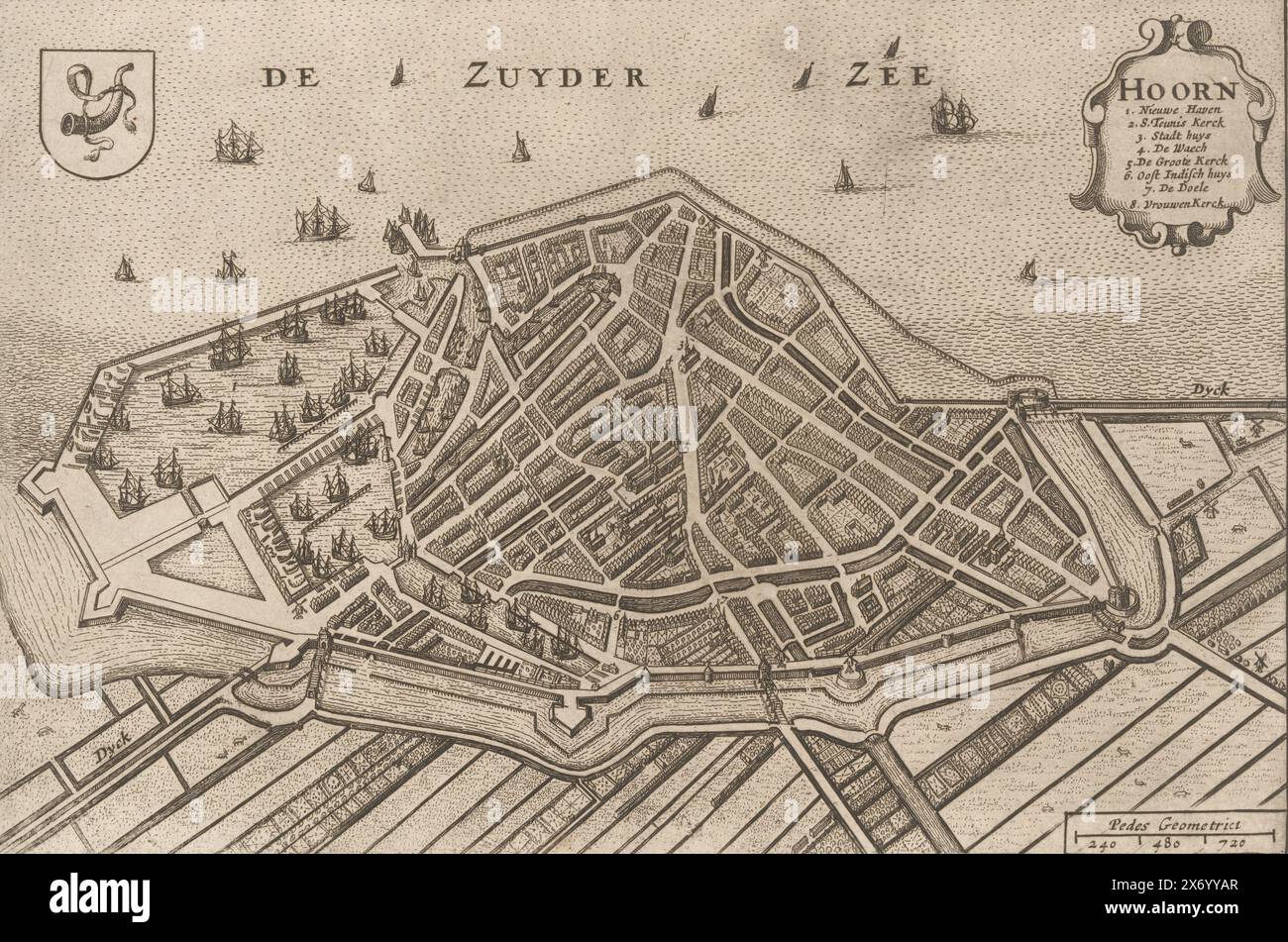 Karte der Stadt Hoorn, Hoorn (Titel über Objekt), Druck, Hersteller: Anonym, Verlag: Henricus Hondius, Amsterdam, 1632, Papier, Ätzen, Höhe, 155 mm x Breite, 232 mm Stockfoto