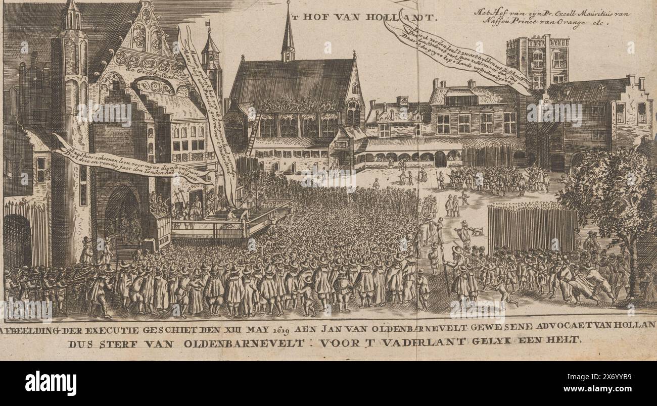 Die Enthauptung von Johan van Oldenbarnevelt, 1619, Bild der Hinrichtung, erschossen am 13. Mai 1619 an Jan van Oldenbarnevelt, einen Anwalt von Hollant, so sterben von Oldenbarnevelt: für das Vaterland gleich eine Hölle (Titel auf Objekt), die Enthauptung von Johan van Oldenbarnevelt auf dem Binnenhof in den Haag am 13. Mai 1619. Blick auf den Platz mit allen umliegenden Gebäuden und der versammelten Öffentlichkeit. Im Turm oben rechts befindet sich der Hof von Prinz Maurits. In der Performance drei Banderolen mit Aussagen von Van Oldenbarnevelt und Prinz Maurits., Druck, Druckerei: Anonym, nach Druck von Stockfoto