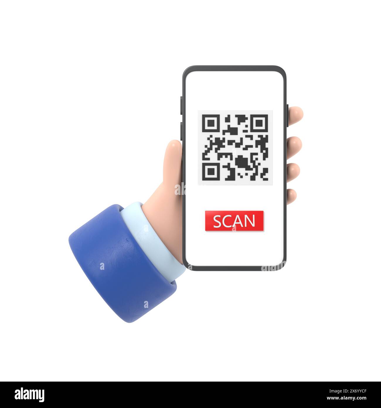 3D-Cartoon-Rendering weibliche Hand hält das Smartphone und nutzt den mobilen App-Service mit Scan QR-Code-Banner-Design. Technologie und Geschäftskonzept.3D-Renderin Stockfoto