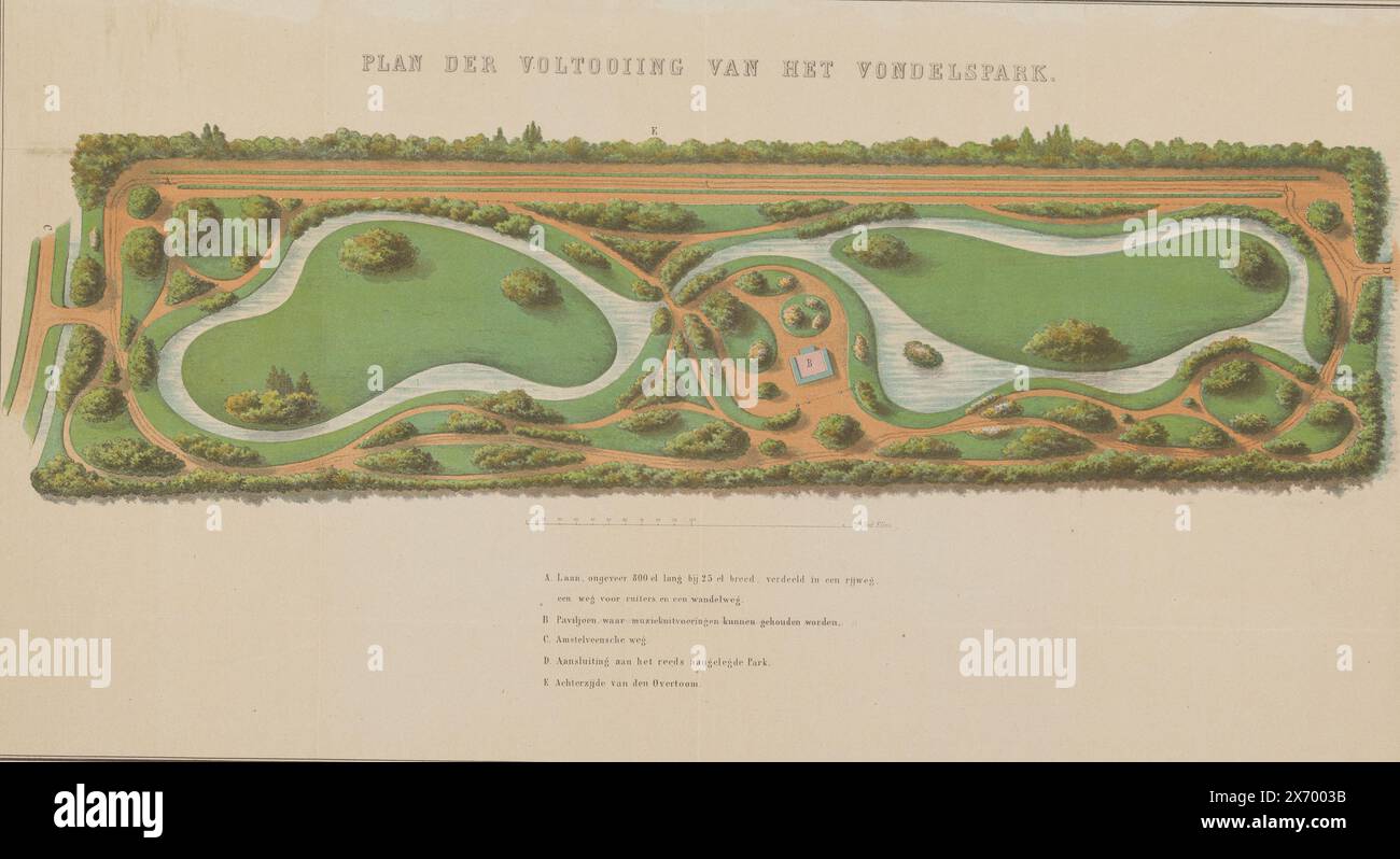 Entwurf des Vondelparks in Amsterdam, Plan für die Fertigstellung des Vondelsparks (Titel auf Objekt), unausgeführter Entwurf für den Bau des südwestlichen Teils des Vondelparks durch die Architekten Jan David Zocher und Louis Paul Zocher., Druck, Druckerei: Johan David Zocher, (zugeschrieben), Druckerei: Louis Paul Zocher, (zugeschrieben), Drucker: Tresling & Comp., (zugeschrieben), 1860–1880, Papier, Höhe, 353 mm x Breite, 646 mm Stockfoto