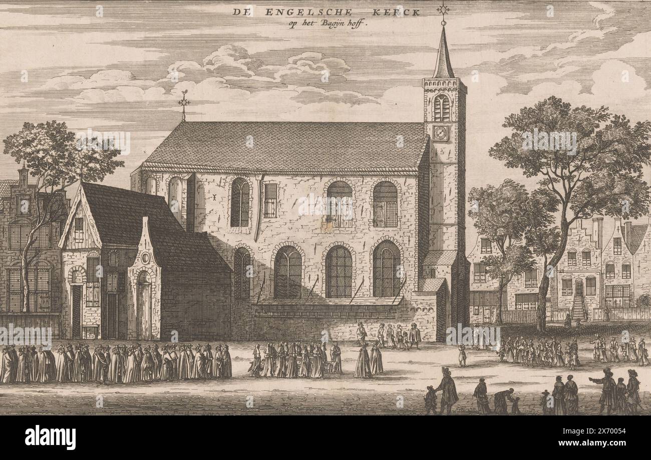 Blick auf die englische Kirche auf dem Begijnhof in Amsterdam, die englische Kirche auf dem Bagijn hoff (Titel auf Objekt), Ansicht der Presbyterianischen Englischen oder Beguine Kirche von 1419. Vor der Kirche geht ein Trauerzug vorbei., Druck, Druckerei: Jacob van Meurs, (möglicherweise), Druckerei: Jan Veenhuysen, (möglicherweise), Amsterdam, um 1663, Papier, Ätzen, Höhe, 192 mm x Breite, 297 mm Stockfoto