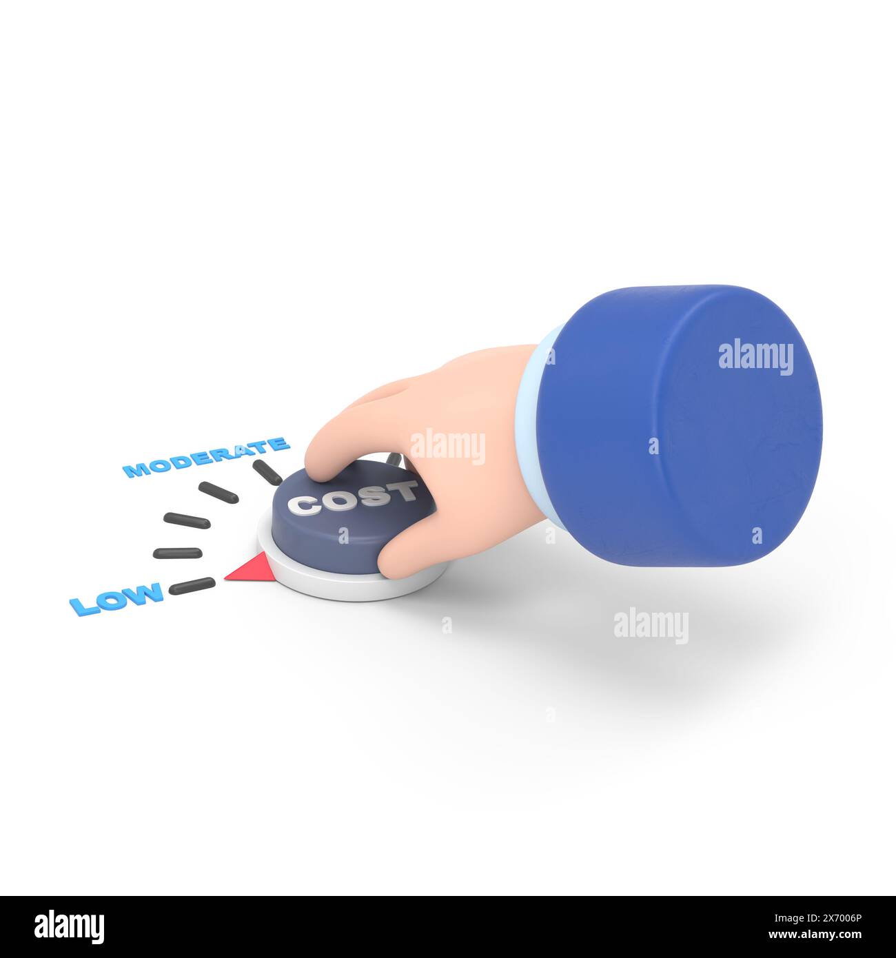 Mockup Des Symbols Für Zeichentrickgesten. Flache 3D-Isometrie Geschäftsmann-Hand Kostenrad in niedrige Position drehen. Kostenreduzierungsmanagement Concept.3D-Rendering auf weiß Stockfoto