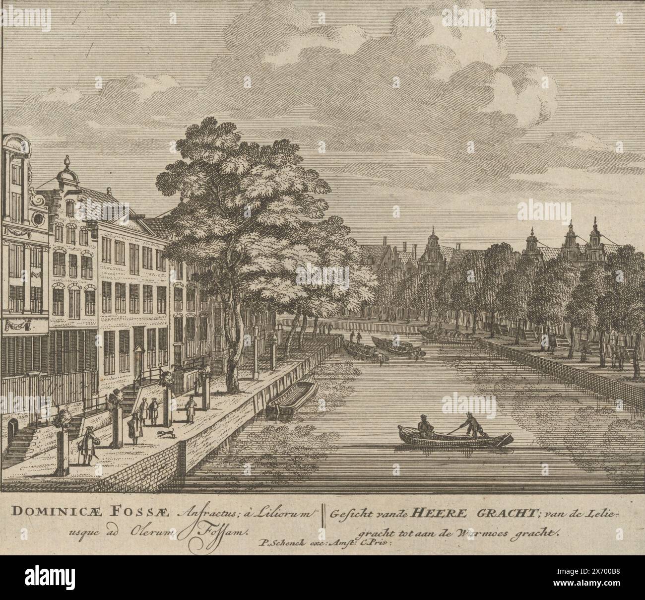 Ansicht der Herengracht, Dominicae Fassae Anfractus; à Liliorum usque ad Olerum Fossam, Gesicht van de Heere Gracht; von der Leliegracht zur Warmoes gracht (Titel auf Objekt), 100 Bilder der Hauptgebäude von Amsterdam (Titel der Serie), Druck, Druckerei: Anonym, Verlag: Pieter Schenk (I), (auf Objekt erwähnt), Verlag: Barent Greve (möglicherweise), Amsterdam, 1710 - 1711 und/oder 1757 - 1766, Papier, Ätzen, Höhe, 169 mm x Breite, 202 mm Stockfoto