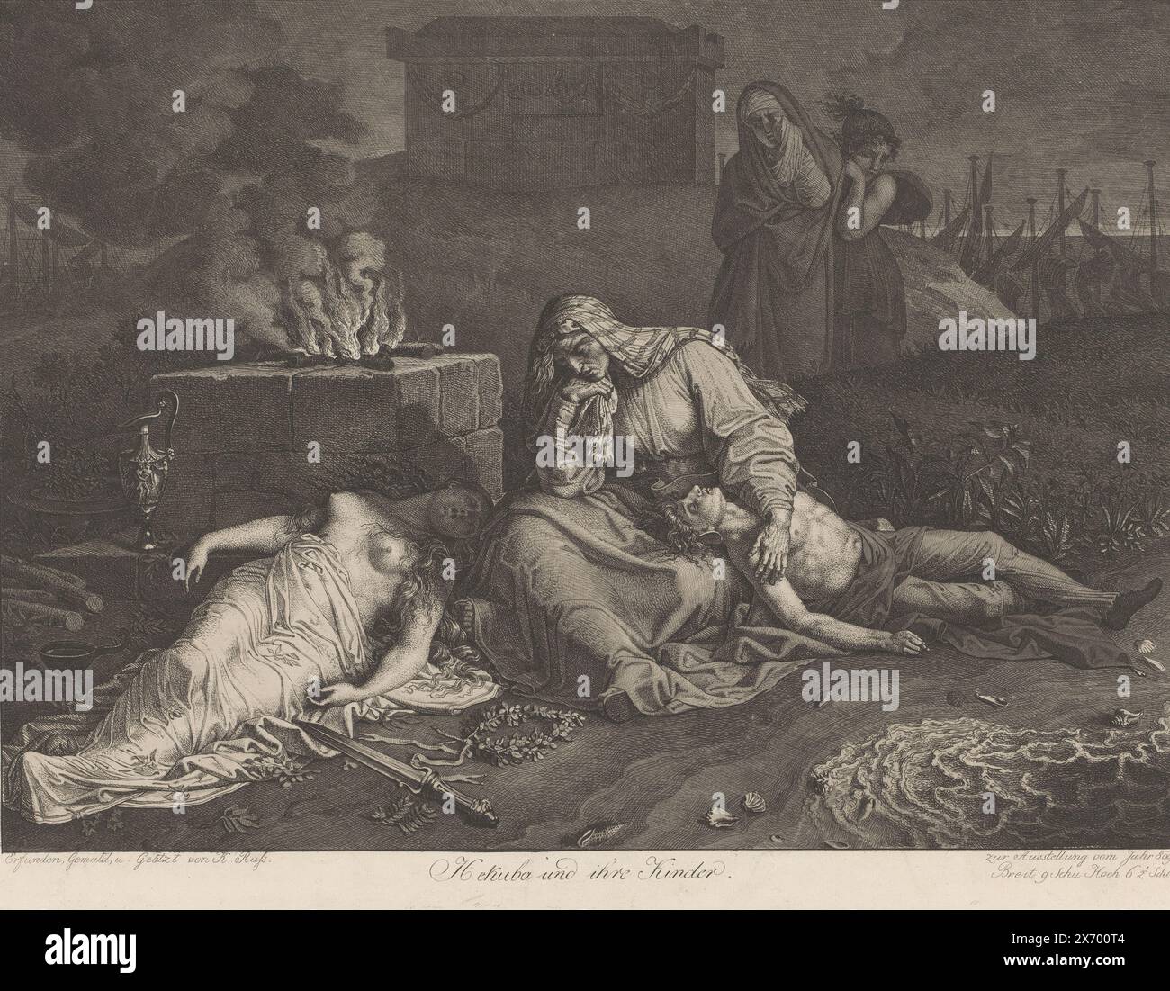 Hecuba trauert um ihre erschlagenen Kinder, Hekuba und ihre Kinder, Druck, Druckerei: Karl Russ, nach eigenem Entwurf von: Karl Russ, (erwähnt am Objekt), Druckerei: Wien, nach eigenem Entwurf von: Wiener Staat, 1809, Papier, Ätzung, Höhe, 272 mm x Breite, 367 mm Stockfoto