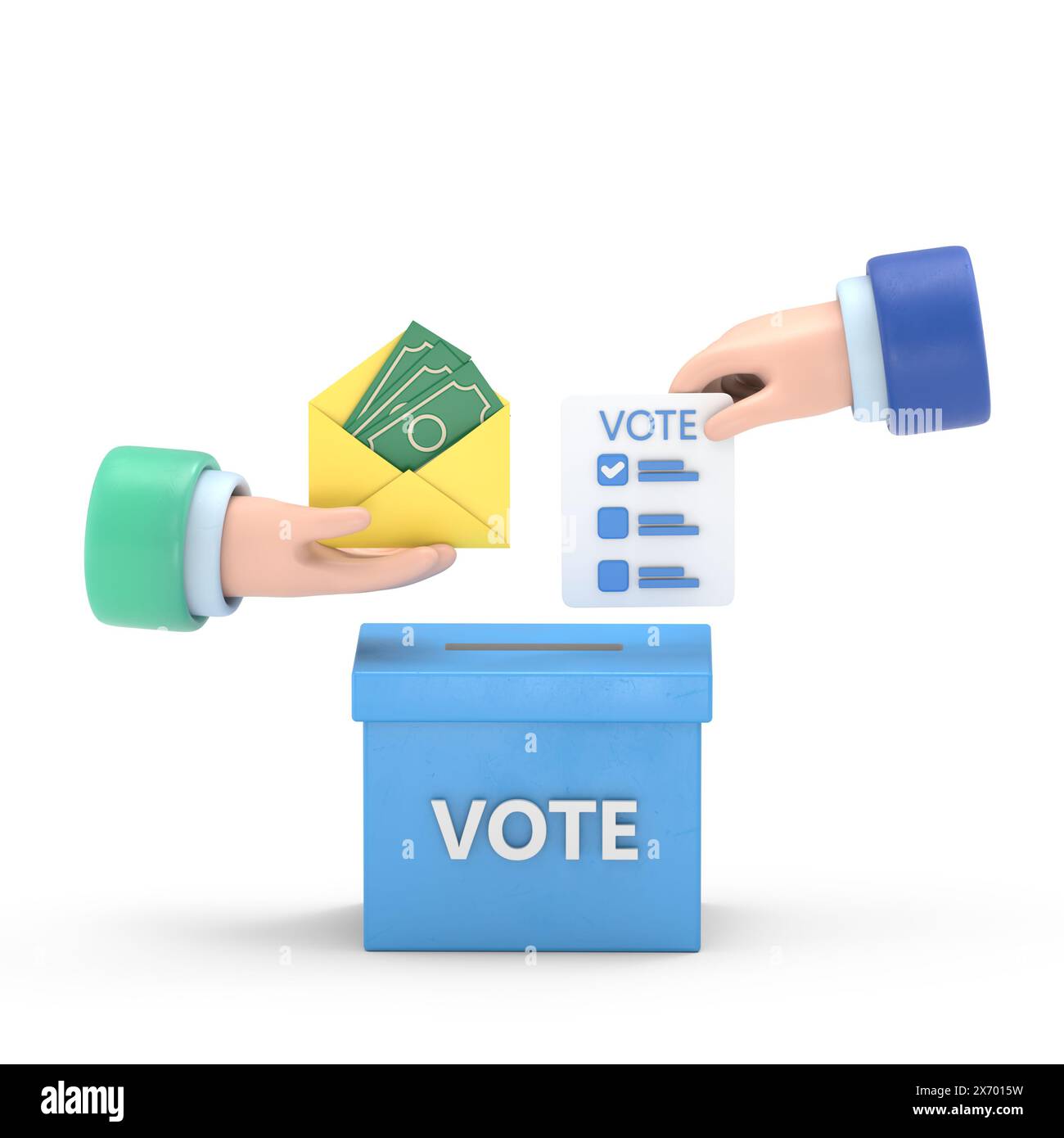 Zeichentrickgestensymbol Mockup.3D Hand, die Stimmzettel in den Wahlzettel legt. Wahlen, Abstimmung, Wahlgang, Bürgerbeteiligung am Wahlkonzept. 3D Stockfoto