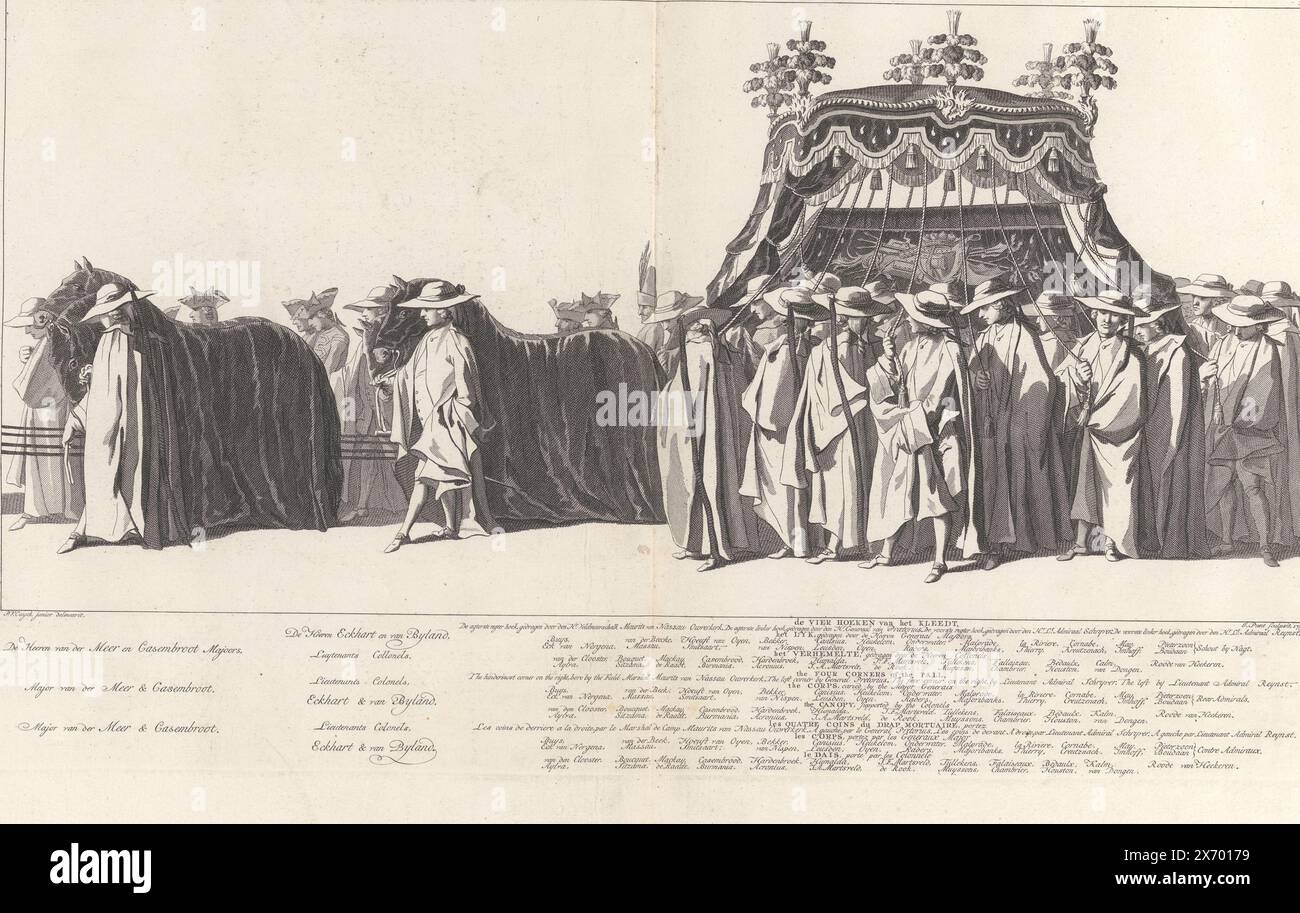 Bestattungsstation Willem IV, 1752, Plate 27, de Heeren van der Meer und Casembroot Majoors, de Heeren Eckhart und van Byland, Luytenants Collonels (...) (Titel zum Objekt), Lyk-staetsie van His Sérenne Hoheit den Heere Willem Carel Hendrik Friso, Prinz von Orange und Nassau (...), gehalten am IV. Februar 1752 (Serientitel), Mitglieder des Haushalts des Statthalters gefolgt von zwei Pferdemannschaften mit dem Leichenwagen und den Trägern. Am Rand eine Beschriftung in Niederländisch, Französisch und Englisch. Der Druck ist Teil eines Albums., Druck, Druckerzeuger: Jan Punt, (auf dem Objekt erwähnt), nach dem Zeichnen von Stockfoto