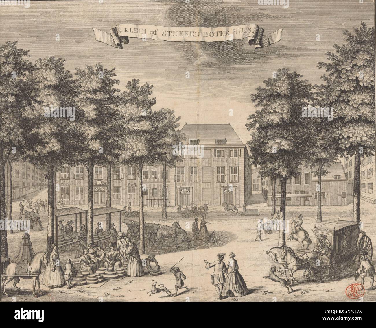 Blick auf das Boterhuis in den Haag, 't Klein oder Stukken Boter Huis (Titel auf Objekt), Blick auf das Boterhuis, auch kleine Boterhuis genannt, auf dem Groten Markt in den Haag. Im Vordergrund eine Reihe von Marktständen und Figuren., Druck, Druckerei: Jan Caspar Philips, (erwähnt auf Objekt), Jan Caspar Philips, (erwähnt auf Objekt), nach Zeichnung von: Gerrit van Gießen, (erwähnt auf Objekt), nach Zeichnung von: Den Haag, Verlag: Delft, Verlag: Amsterdam, 1730 - 1736, Papier, Ätzen, Gravieren, Höhe, 277 mm x Breite, 339 mm Stockfoto