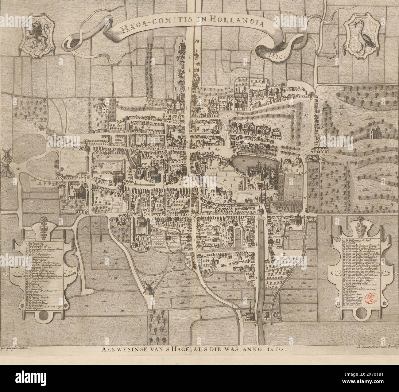 Karte von den Haag, 1570, Aenwysinge van s' Hage, wie es 1570 war, Haga-Comitis in Hollandia 1570 (Titel auf Objekt), Karte von den Haag 1570, in Vogelperspektive. Oben links das Wappen Hollands, oben in der Mitte eine Banderole mit dem lateinischen Titel, oben rechts das Wappen der Haag. Unten links eine Legende 1-42, unten rechts eine Legende 43-85. Unter niederländischem Titel., Druck, Druckerei: Anonym, nach Zeichnung von: Gerrit van Giessen, (erwähnt auf Objekt), Verlag: Reinier Boitet, (erwähnt auf Objekt), nach Zeichnung von: Den Haag, Verlag: Delft, Verlag: Amsterdam, 1730 - 1736, Papier Stockfoto