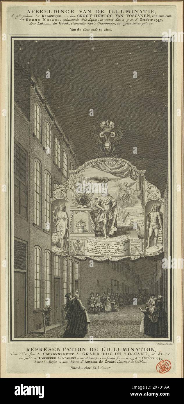 Beleuchtung im Haus von Anthoni de Groot (Ostseite) zu Ehren der Krönung von Kaiser Franz I. Stefan, 1745, Bild der Beleuchtung, anlässlich der Krönung des Großherzogs der Toskana (...) zum römischen Kaiser, an drei Tagen, nämlich 4., 5. Und 6. Oktober, 1745, von Anthoni de Groot, Kurant der Haag, in seiner Wohnung (...), Darstellung der Beleuchtung, faite à l'event du couronnement du Grand-Duc de Toscane (...) (Titel über Objekt), Beschreibung der wichtigsten Ablehnungen, faites à la Haye, a l'event du couronnement de (...) Francois I., Beschreibung von Stockfoto