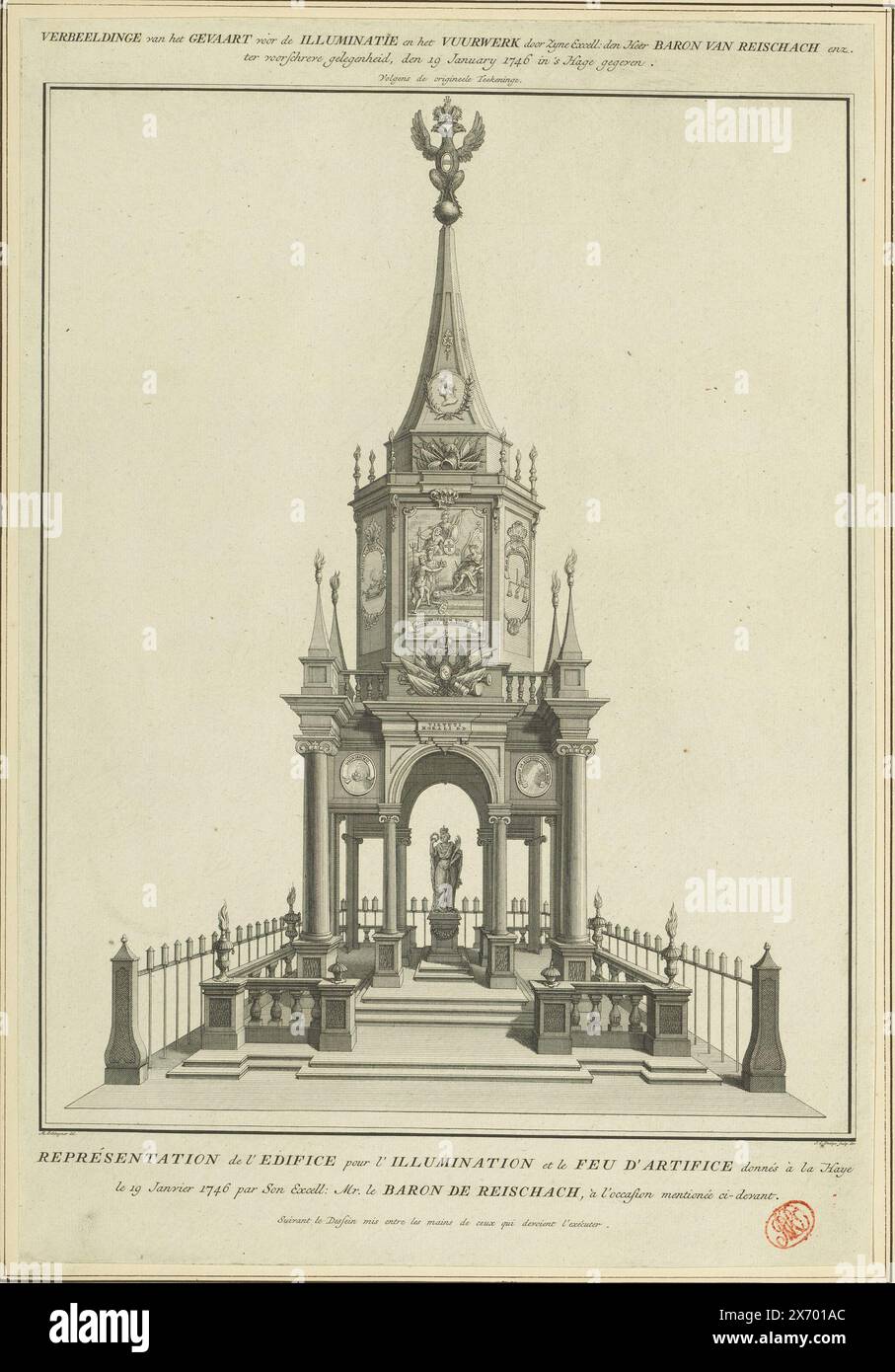 Gebäude für das Feuerwerk auf dem Hofvijver zu Ehren der Krönung von Kaiser Franz I. Stefan, 1746, Darstellung der Gefahr für die Illuminaten und des Feuerwerks durch seine Exzellenz: der Herr Baron von Reischach etc. zum vorgeschriebenen Anlass, 19. Januar 1746 in Gib in den Haag, Représentation de l'edifice pour l'Illumination et le feu d'artifice donnés à La Haye am 19. Januar 1746 von Son excel: mr. le Baron de Reischach, à l'event mentionée ci-devant (Titel über Objekt), Beschreibung der wichtigsten Ablehnungen, faites à la Haye, a l'event du couronnnement de (...) Francois I. Stockfoto