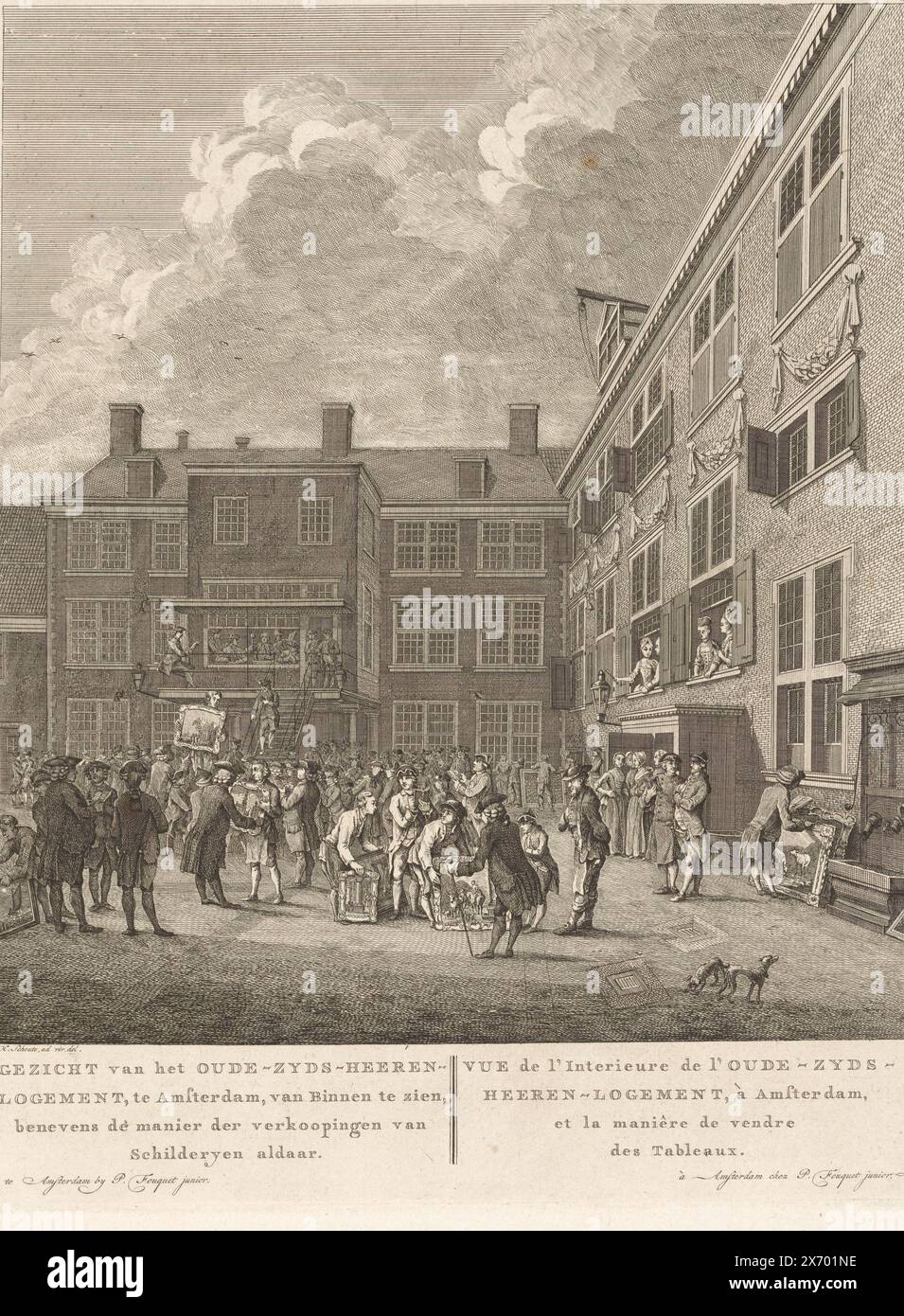 Verkauf von Gemälden im Innenhof des Oudezijds Herenlogement in Amsterdam, 1773, Ansicht des Oude-Zijds-Heeren-Logement in Amsterdam, von innen gesehen, sowie die Art und Weise, wie Gemälde dort verkauft wurden, Vue de l'Interieure de l'Oude-Zyds-Heeren-Logement, à Amsterdam, et la maniêre de vendre des tableaux (Titel über Objekt), Blick auf den Innenhof des Oudezijds Herenlogement in Amsterdam, wo ein Malerverkauf stattfindet. Dies betrifft wahrscheinlich den öffentlichen Verkauf oder die Auktion der Gemäldesammlung des 1772 verstorbenen Bürgermeisters Johan van der Marck Aegidiusz in Leiden. Am 25. August Stockfoto