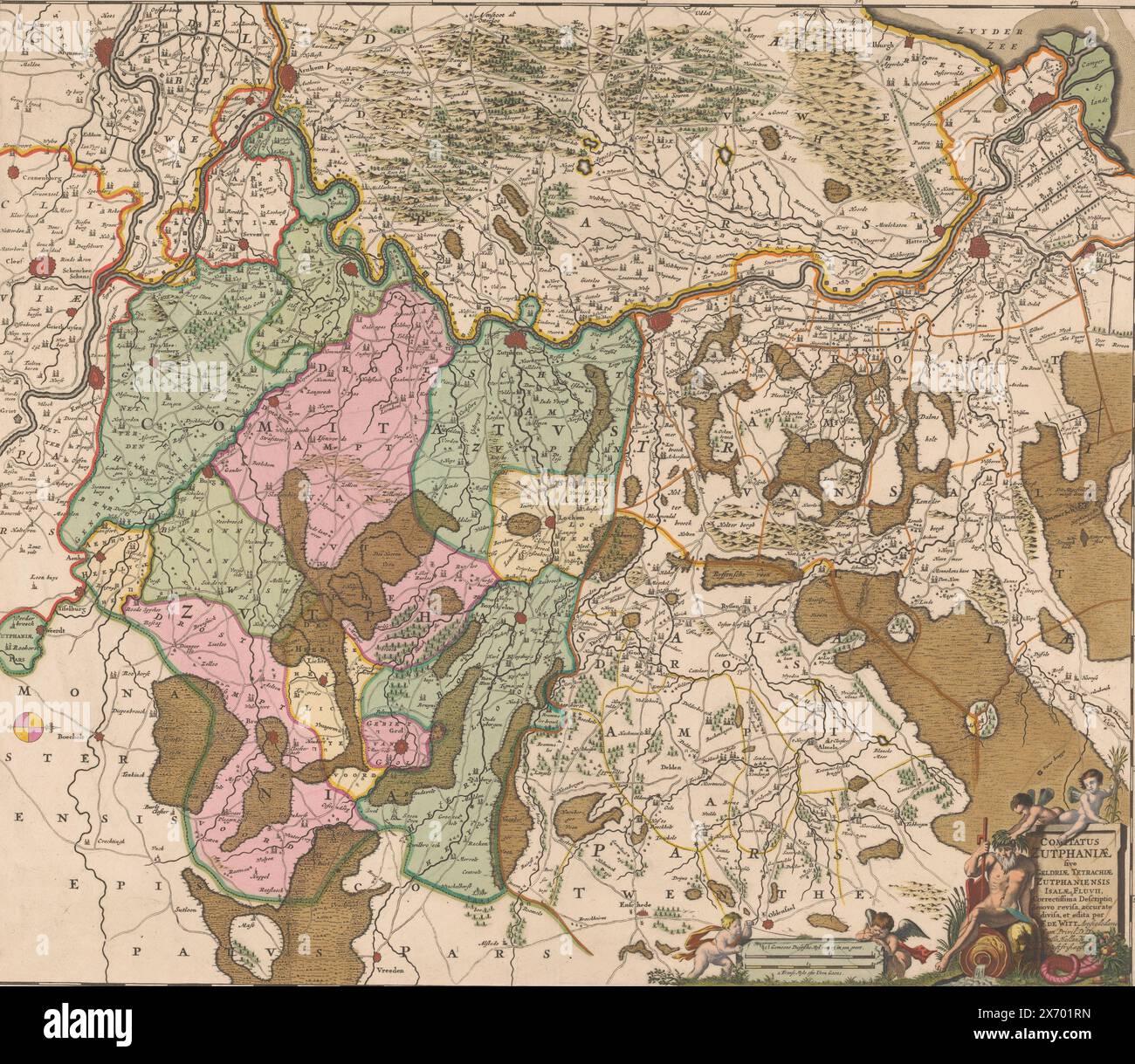 Karte der Grafschaft Zutphen, Comitatus Zutphaniae sive Geldriae tetrachiae Zutphaniensis Isalaeque (...), rechts unten Titelkartusche, daneben links eine Kartusche mit zwei Skalenstiften: 1 1/2 Gemeene Duytsche MYL von 15 im Tiefdruck, 2 französische Myle ofte Uren Gaens. Die Karte hat eine Gradverteilung entlang der Kanten., Druck, Druckerei: Anonym, Verlag: Frederik de Wit, (erwähnt auf Objekt), Staten van Holland en West-Friesland, (erwähnt auf Objekt), Amsterdam, um 1666 - um 1667 und/oder um 1691 - um 1696, Papier, Ätzen, Gravur, Höhe, 491 mm x Breite, 565 mm Stockfoto