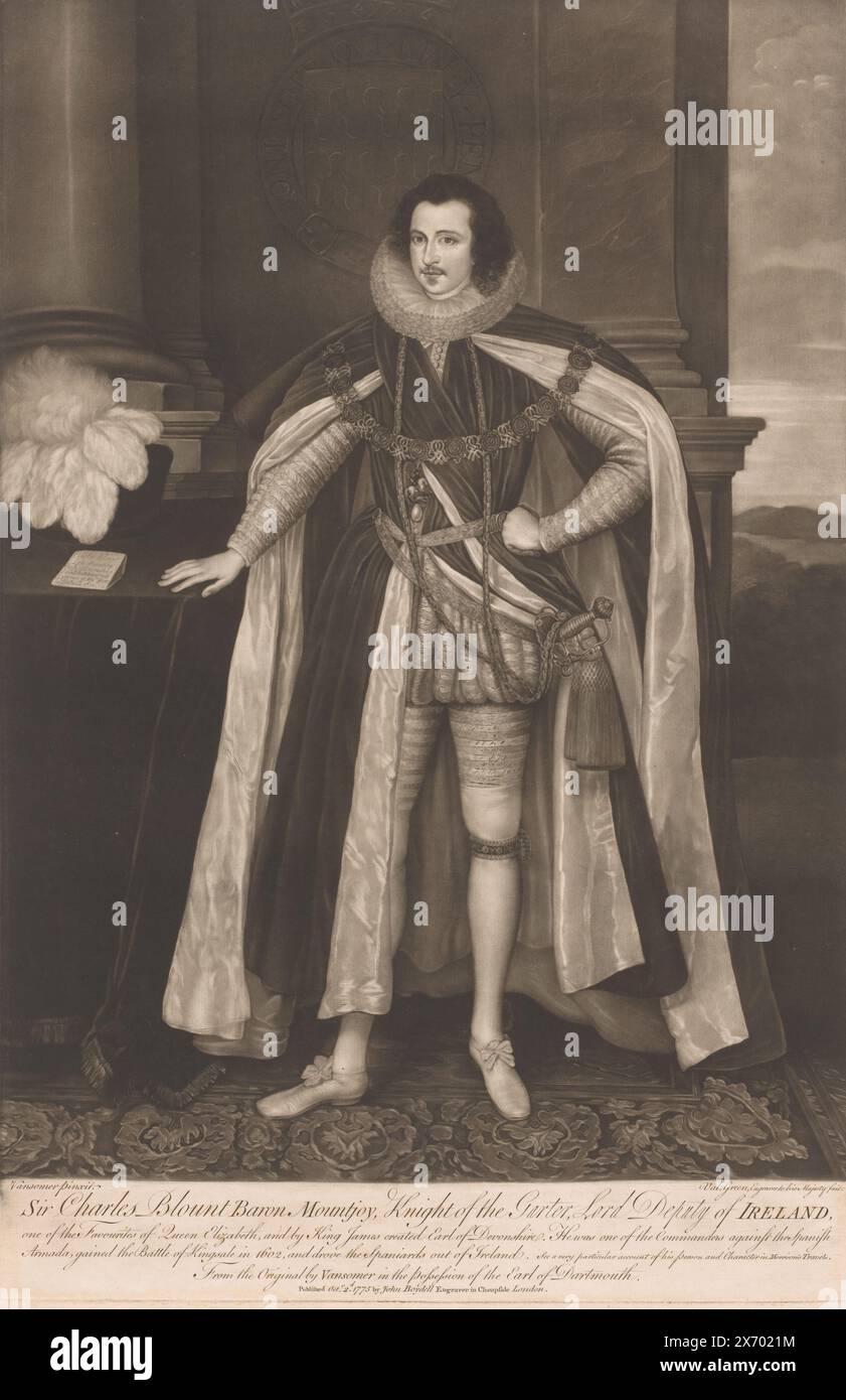 Porträt von Charles Blount, Sir Charles Blount Baron Mountjoy, Knight of the Parter, Lord Deputy of Ireland (Titel auf Objekt), Text in englischer Sprache am unteren Rand., Druck, Druckerei: Valentine Green, (erwähnt auf Objekt), nach Malerei von: Paul van Somer (I), (erwähnt auf Objekt), Verlag: John Boydell, (auf dem Gegenstand erwähnt), London, 1775, Papier, Ätzen, Höhe, 551 mm x Breite, 350 mm Stockfoto