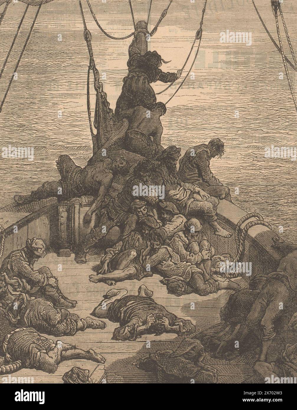 Schiff mit leidenden Crew, La chanson du vieux marin (Titel auf Objekt), Druck auf ungeschnittenem Blatt mit RP-P-ob-33.985., Druck, Druckerei: Adolphe Francois Pannemaker, (möglicherweise), nach Zeichnung von: Gustave Doré, (erwähnt auf Objekt), Verlag: Librairie Hachette & Cie., (erwähnt auf Objekt), Paris, 1877, Papier, Holzstich, Buchdruck, Höhe 272 mm x Breite, 416 mm Stockfoto