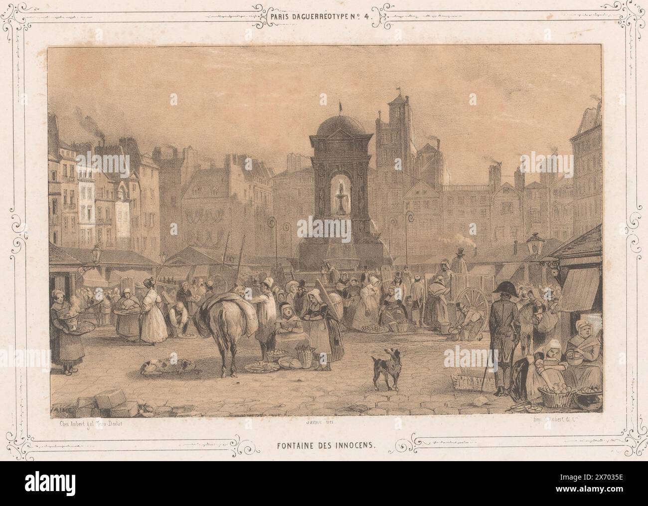 Ansicht der Fontaine des Innocent in Paris, Fontaine des Innocent (Titel über Objekt), nummeriert oben: 4., Druck, Druckerei: Ernest Jaime, (auf Objekt erwähnt), Drucker: Aubert & Cie., (auf Objekt erwähnt), Verlag: Aubert & Cie., (auf Objekt erwähnt), Drucker: Paris, Verlag: Paris, Verlag: Amsterdam, 1840 - 1842, Papier, Buchdruck, Höhe, 222 mm x Breite, 281 mm Stockfoto