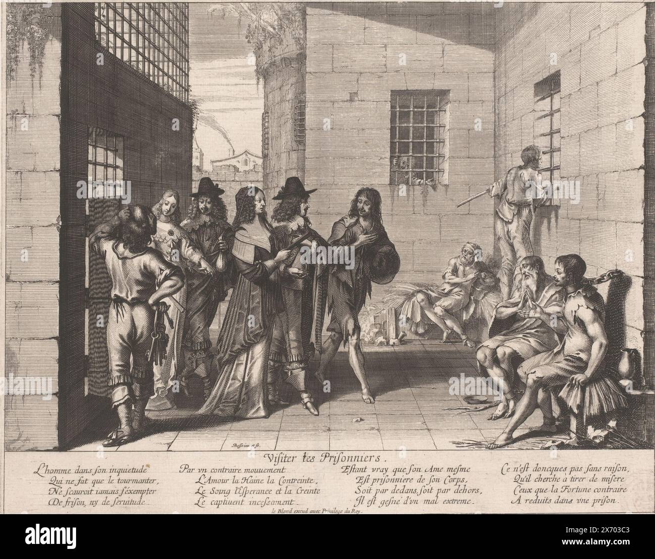 Besuche der Gefangenen, Visiter les Prisonniers. (Titel zum Objekt), Les sept oeuvres de miséricorde (Titel der Serie), Seven Works of Mercy (Titel der Serie), Print, Printmacher: Abraham Bosse, (Gegenstand genannt), nach eigenem Entwurf von Abraham Bosse, (Gegenstand genannt), Herausgeber: Jean Leblond (I), (Gegenstand erwähnt), Paris, 1640 - 1642, Papier, Ätzen, Gravieren, Höhe, 259 mm x Breite, 325 mm Stockfoto