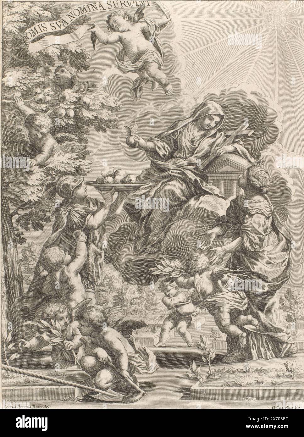 Allegorische Szene mit dem Adel und der Göttlichen Weisheit, die Äpfel nach Ecclesia bringen, Titelseite für: Annibale Adami, Seminarii romani Pallas purpurata (...), 1659, Putti pflanzt Samen des Apfelbaums, tränkt die Pflanzen, pflückt Äpfel und bringt sie zu den allegorischen Figuren Adel (rechts) und Göttliche Weisheit (links), die Ecclesia einen Teller Äpfel anbietet, sitzend auf einer Wolke. Das Bild ist eine Darstellung des Zyklus von Bildung und menschlicher Entwicklung., Druck, Druckerei: Guillaume Chasteau, (auf Objekt erwähnt), nach Zeichnung von: Ciro Ferri, (auf Objekt erwähnt), Rom, 1659, Papier Stockfoto