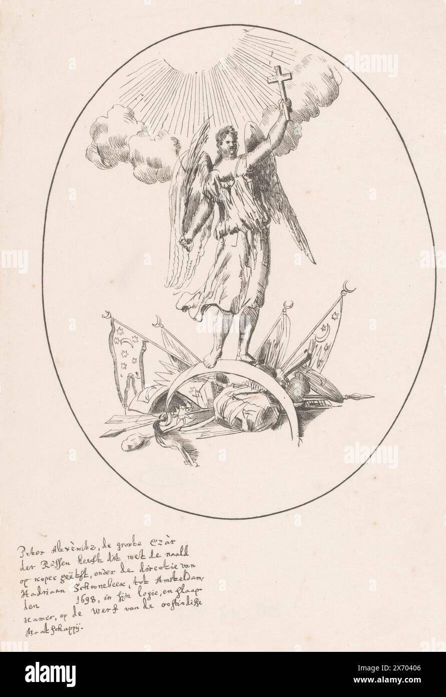 Angel steht auf einem umgedrehten Halbmond mit Waffen und Flaggen. Unter dem Druck der Text: Peter Alexèwitz, der große C'zar der Russen, gravierte diese mit einer Nadel auf Kupfer, unter der Leitung von Hadriaan Schoonebeek, nach Amsteldam, [...] 1698, in seiner Hütte und seinem Schlafzimmer, auf der Werft der Oostindisse Maatschappij. Dieser Druck ist auch bekannt als Triumph des Christentums über den Islam., Druck, Druckerei: Peter I de Grote (Zaar van Rusland), (erwähnt auf dem Objekt), Adriaen Schoonebeek, (erwähnt auf dem Objekt), Amsterdam, c. 1830 - c. 1930, Papier, Höhe Stockfoto