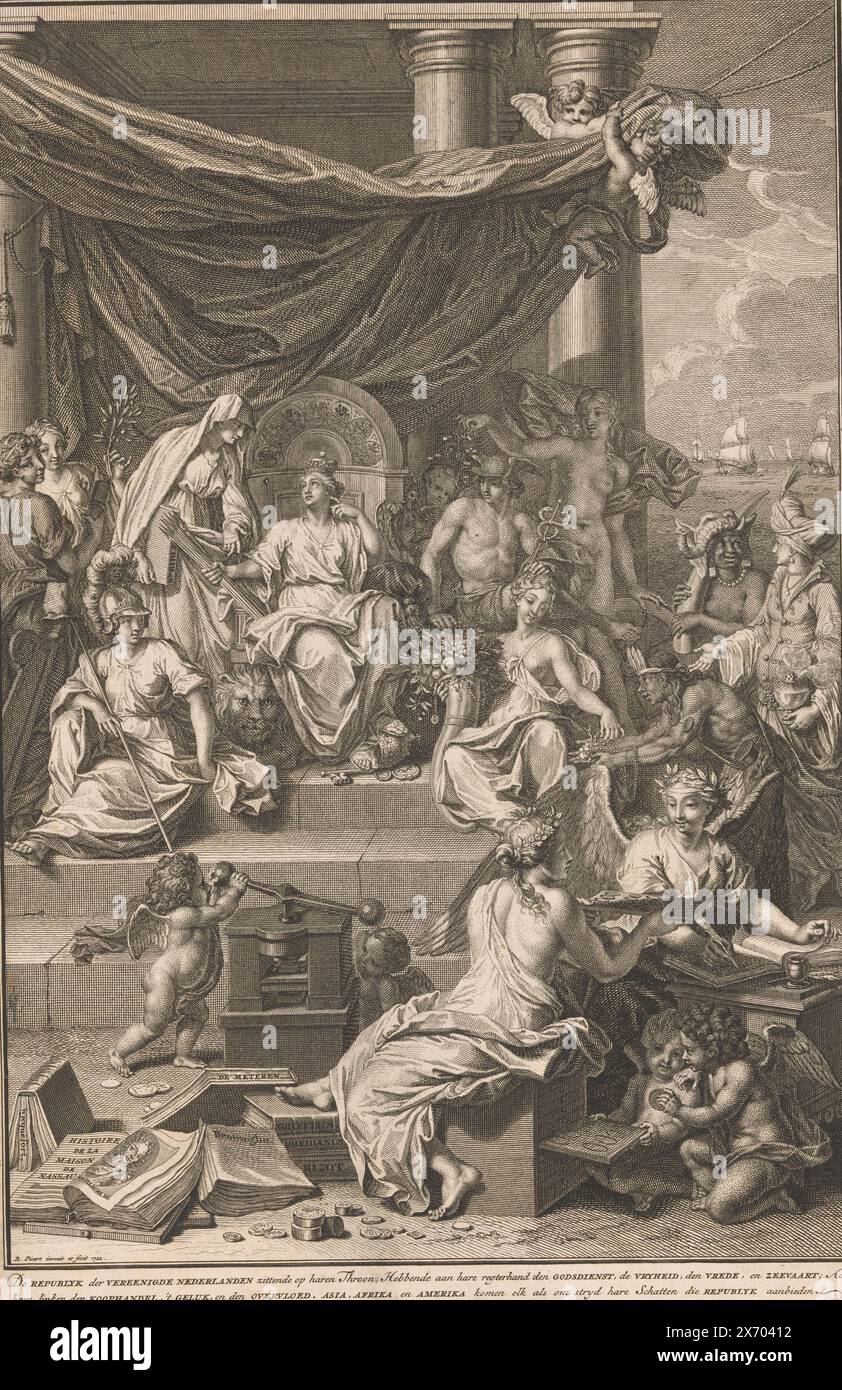 Personifikation der Republik der Sieben Vereinigten Niederlande umgeben von allegorischen Figuren, Titelseite für: J. Le Clerc, Geschichte der Vereinigten Niederlande, 1730, die Personifikation der Republik der Sieben Vereinigten Niederlande sitzt auf einem Thron. Sie wird flankiert von Faith, Peace, Maritime, Freedom, Commerce (personifiziert durch Mercury), Glück und Überfluss. Die Personifizierungen der vier Kontinente bieten ihr Geschenke. Im rechten Vordergrund steht Geschichtsschreiber in ihrem Buch. Eine Frau zeigt ihr die Medaillen, die gerade von Putti gemacht wurden. Links im Vordergrund befindet sich ein offenes Buch mit einem Porträt Stockfoto