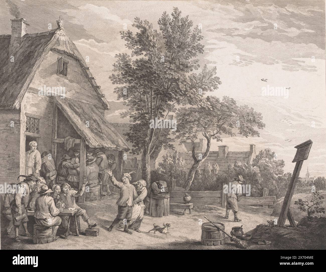 Figuren für ein gasthaus, Guinguette Flamande, Druck, Druckerei: Jacques-Philippe Le Bas, nach Malerei von: David Teniers (II), 1745, Papier, Radierung, Stich, Höhe, 389 mm x Breite, 457 mm Stockfoto