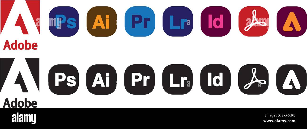 Beliebte Adobe-Produkte Symbolset isolierte Vektorillustrationen. PS, Ai, PR, ID, LR. Adobe-Logo Stock Vektor