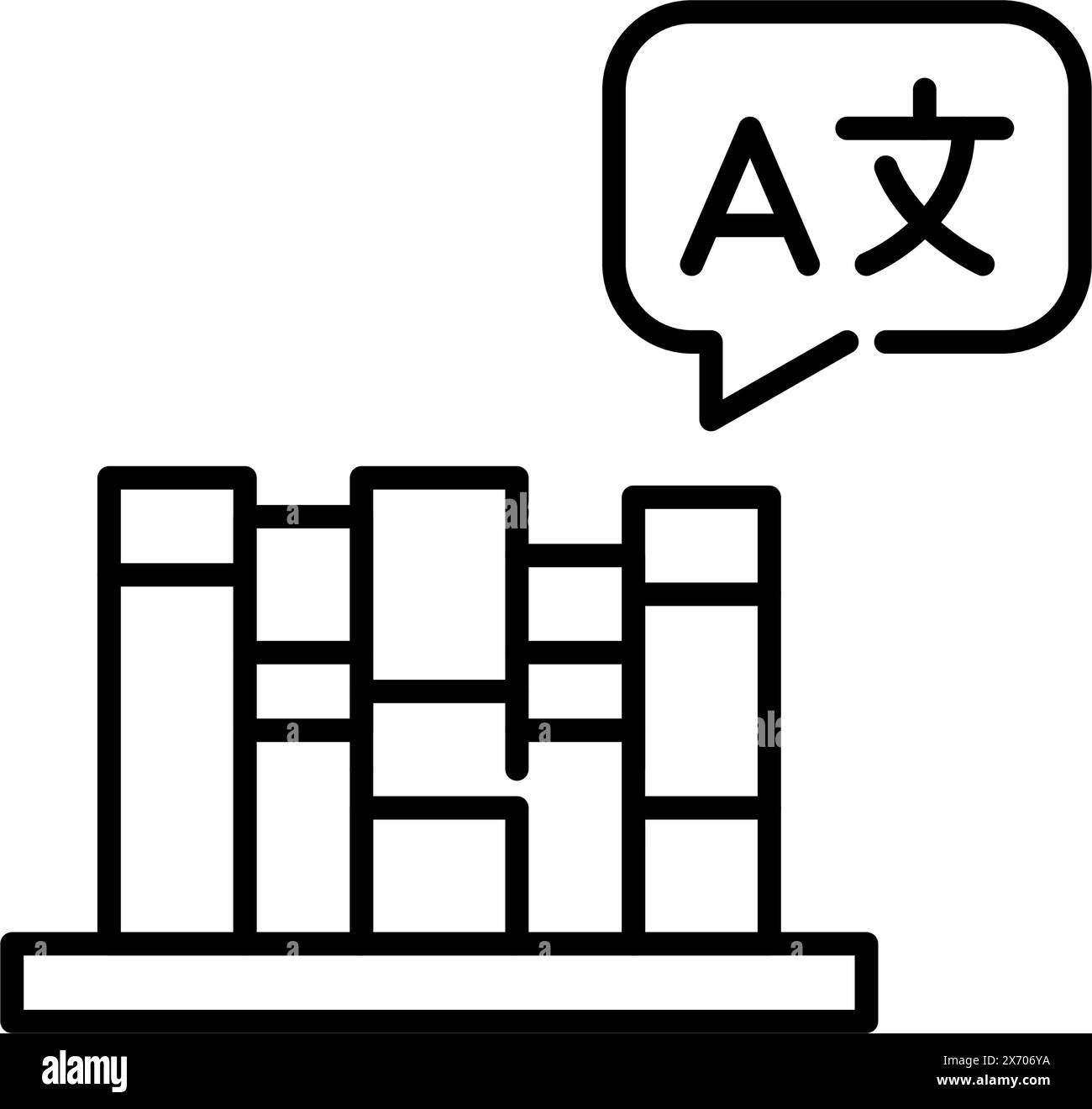 Bücher im Regal mit Sprachsymbol in Sprechblase. Lernen und Übersetzung. Wörterbücher oder Arbeitsmappen. Vektorsymbol Stock Vektor