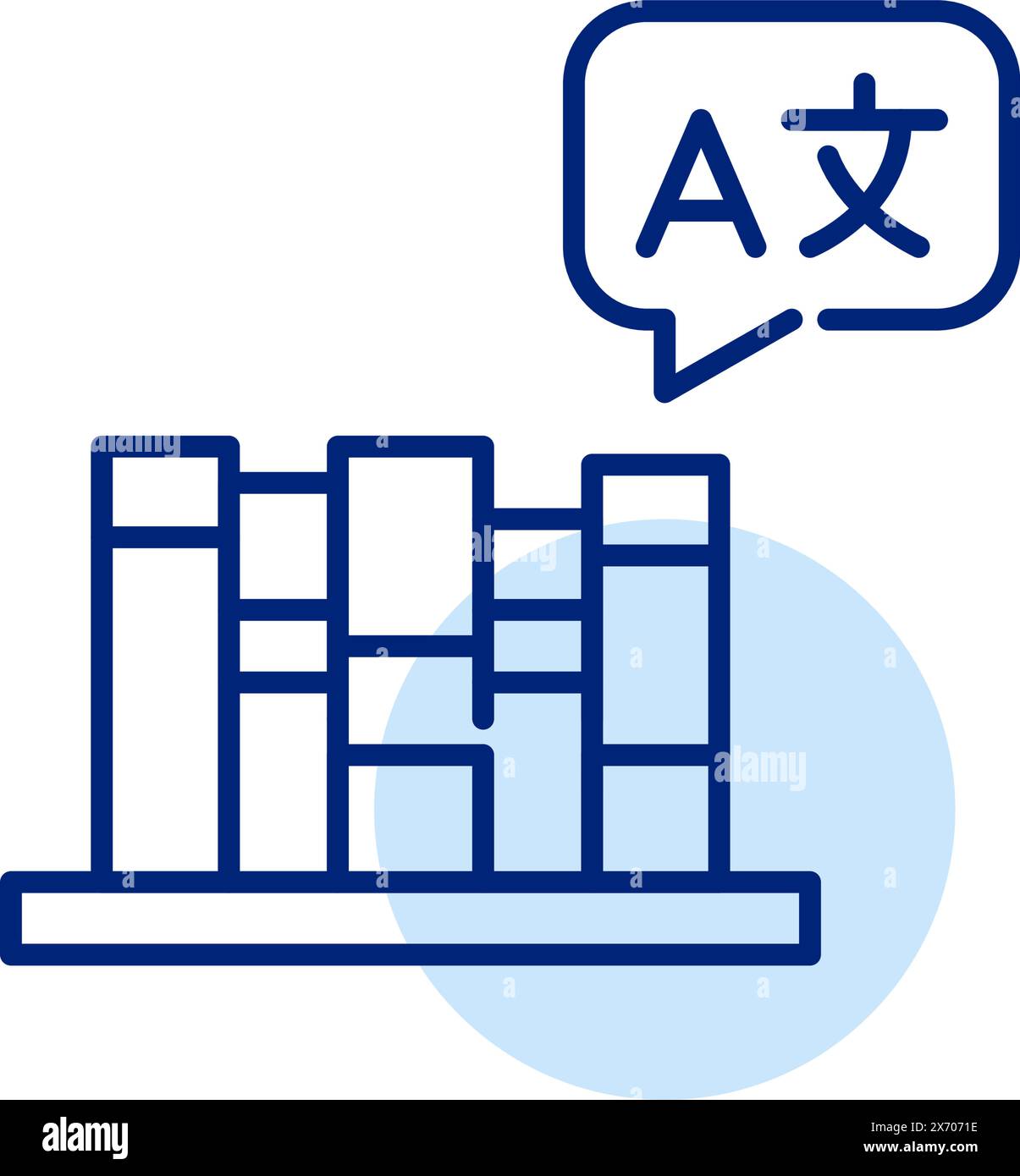 Bücher im Regal mit Sprachsymbol in Sprechblase. Lernen und Übersetzung. Wörterbücher oder Arbeitsmappen. Symbol Stock Vektor