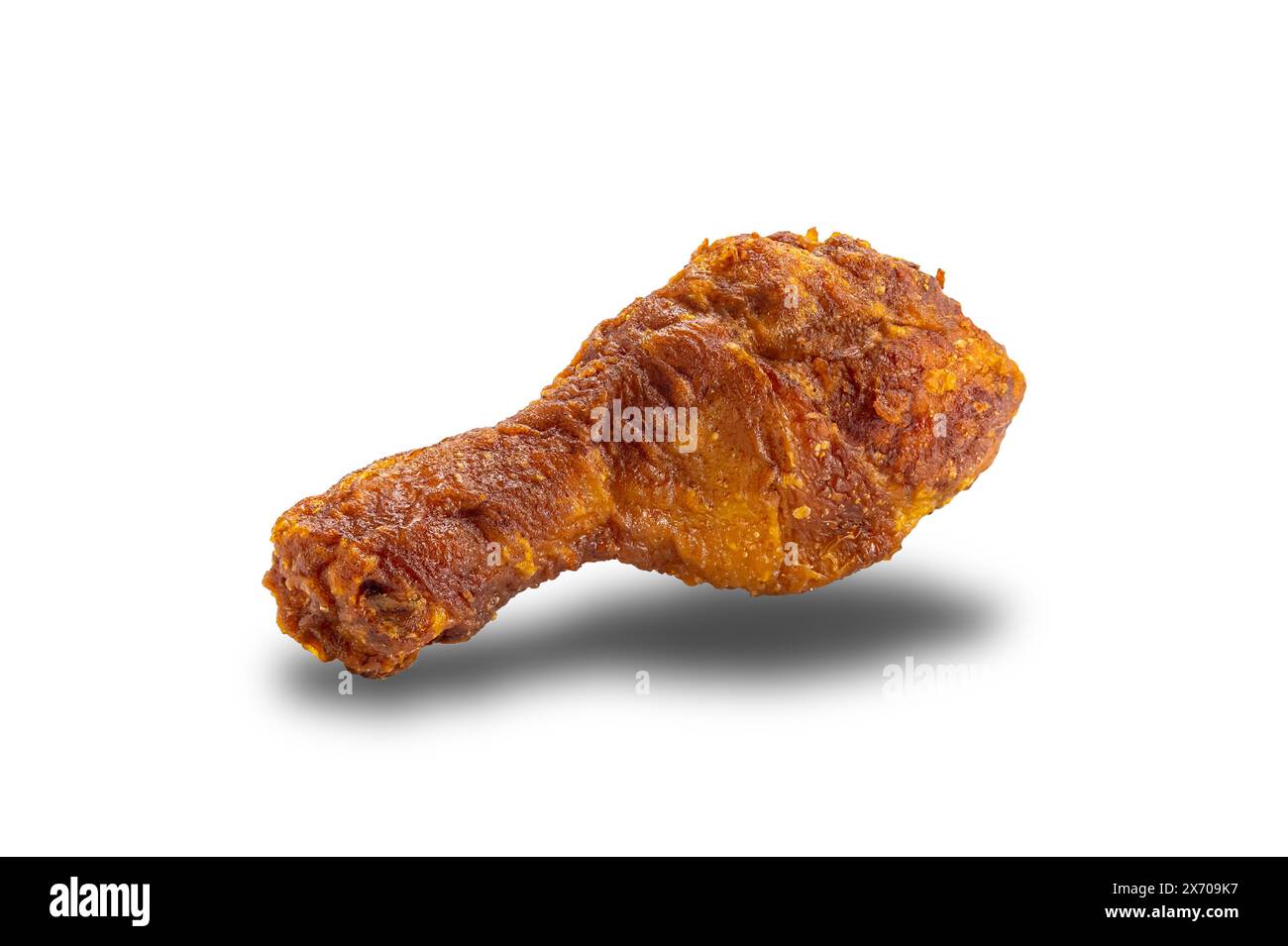 Seitenansicht der köstlichen gebratenen Hähnchenschenkel, Trommeltick isoliert auf weißem Hintergrund mit Schneidepfad. Stockfoto