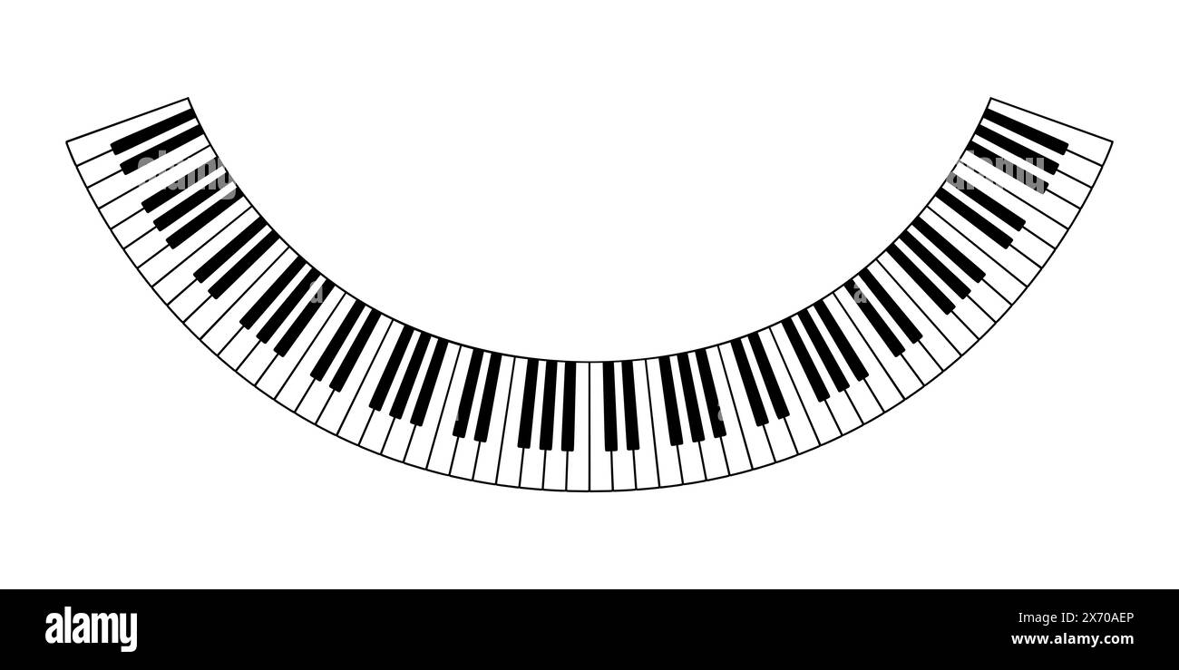 Geschwungene Klaviertastatur, Bogen aus Musiktastatur mit 8 Oktaven, in Form eines Lächelns. Gebogene und halbrunde schwarz-weiße Tasten einer Klaviertastatur. Stockfoto